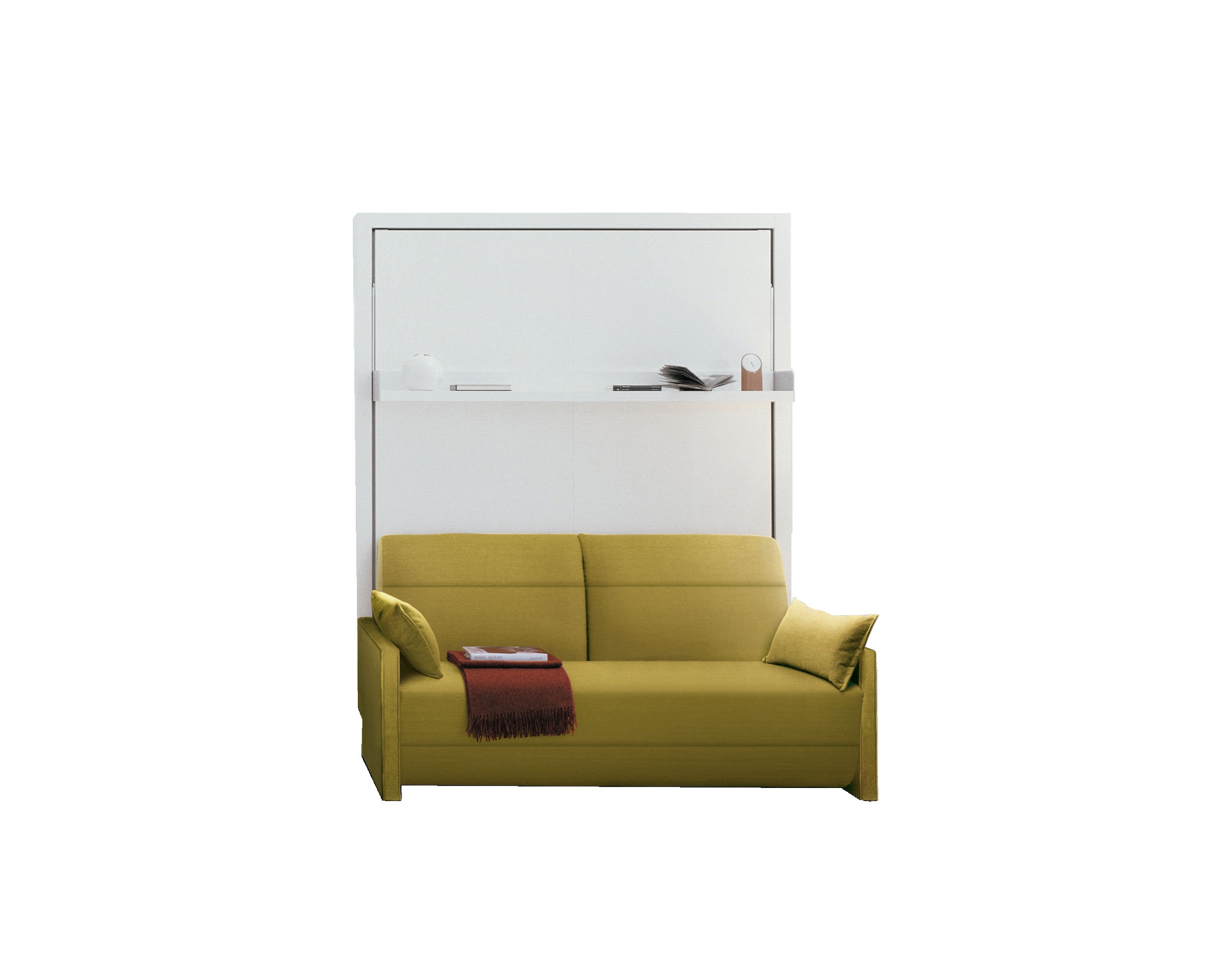 Ito queen Murphy bed with yellow reclining sofa in closed position, paired with a floating shelf and styled with modern accessories.