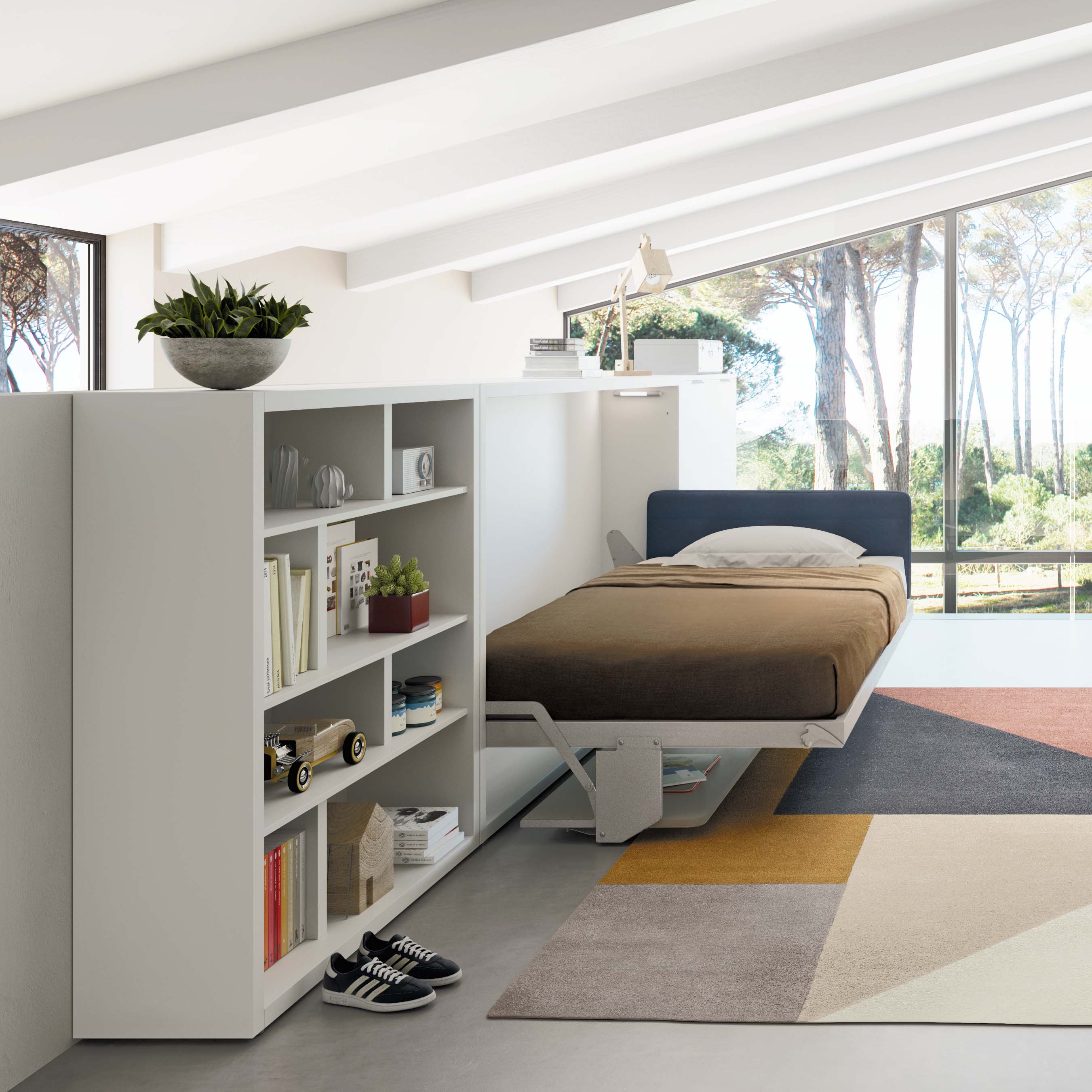 Kali Desk wall bed fully extended into sleeping position with desk folded underneath, designed for small spaces.