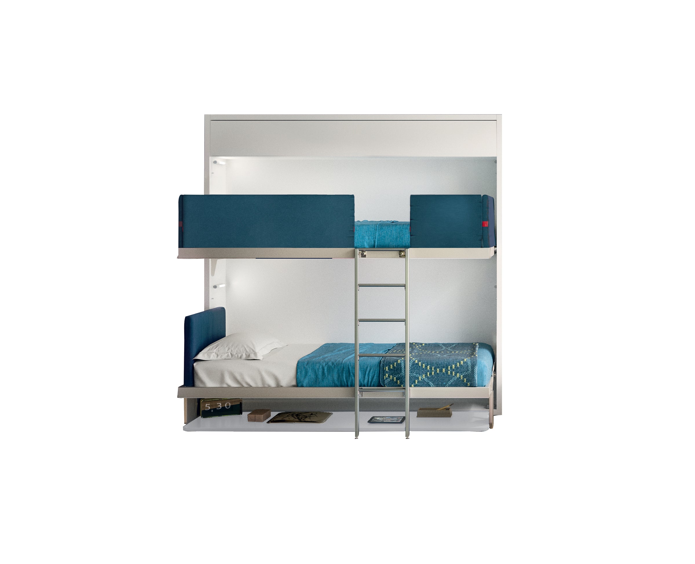 Front view of the Kali Duo Desk Murphy bunk beds with teal upholstery and bedding, photographed on a white background to showcase its compact, multifunctional design.