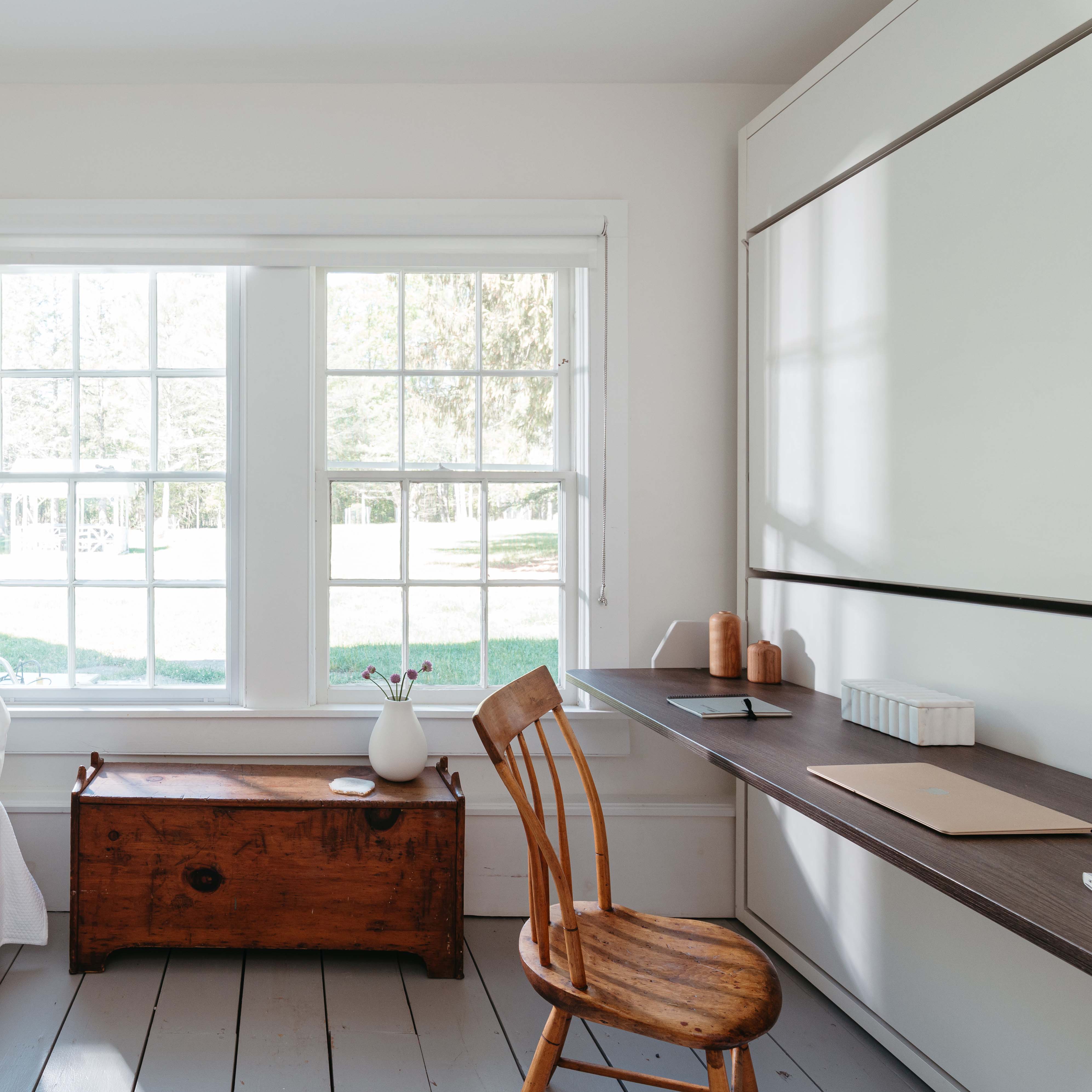 Side view of Kali Duo Desk XL Twin Murphy bunk beds in closed position with desk setup, ideal for small spaces and multifunctional furniture needs.