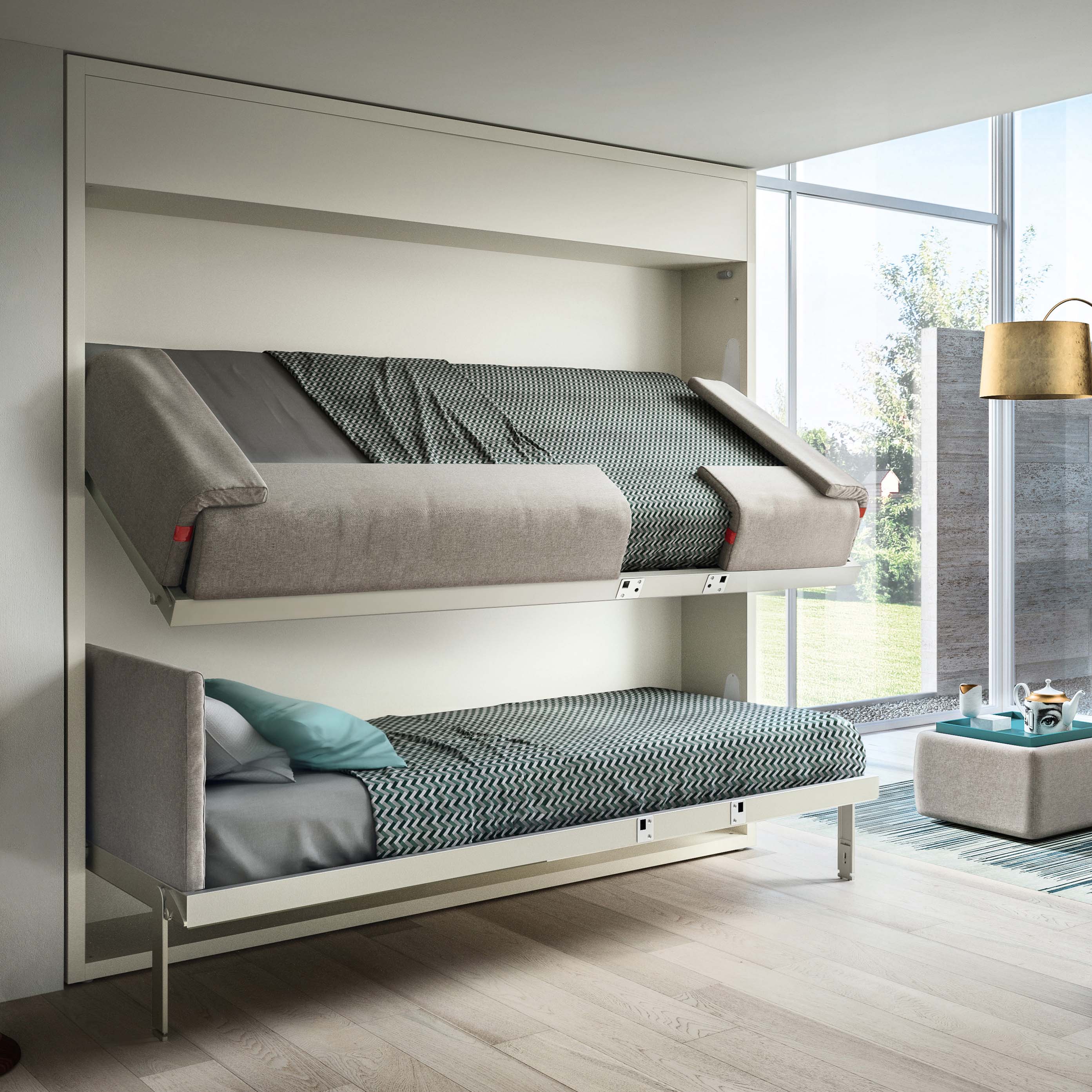 Kali Duo Murphy bunk bed with the top twin XL bed partially folded down, showcasing innovative space saving furniture for multifunctional rooms.