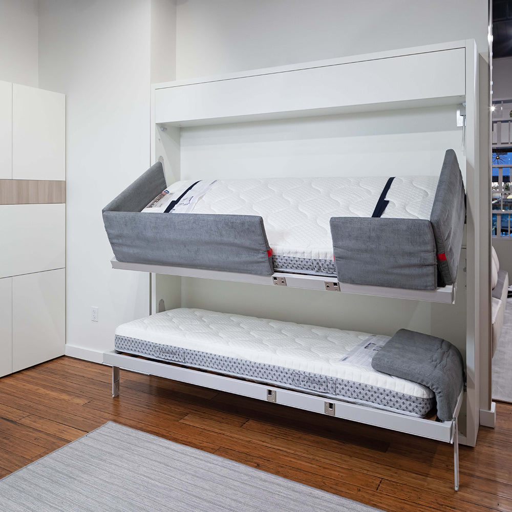 Kali Duo Murphy bunk beds shown half-open in the Seattle showroom, featuring space saving furniture with twin XL beds in a modern bunk wall bed design.