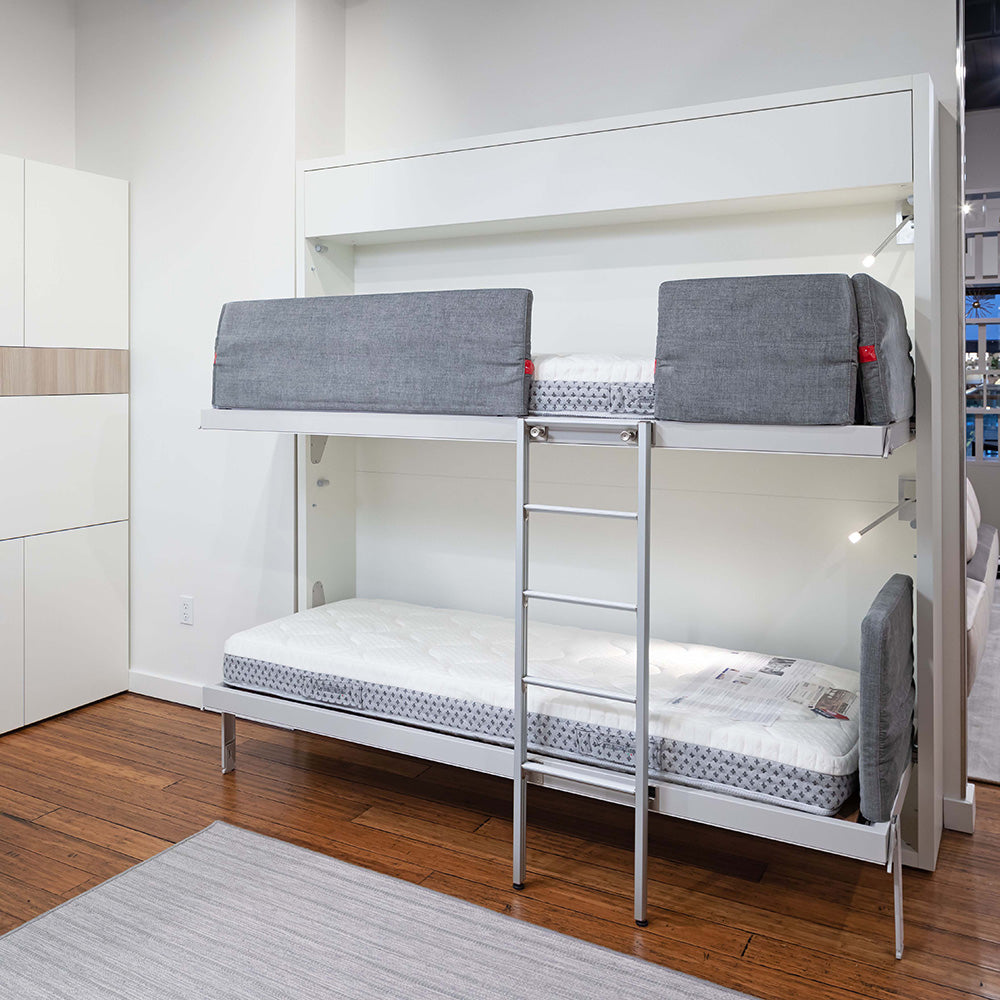 Fully open Kali Duo Murphy bunk beds with ladder on display in our Seattle showroom, a multifunctional furniture solution perfect for small spaces and modern living.