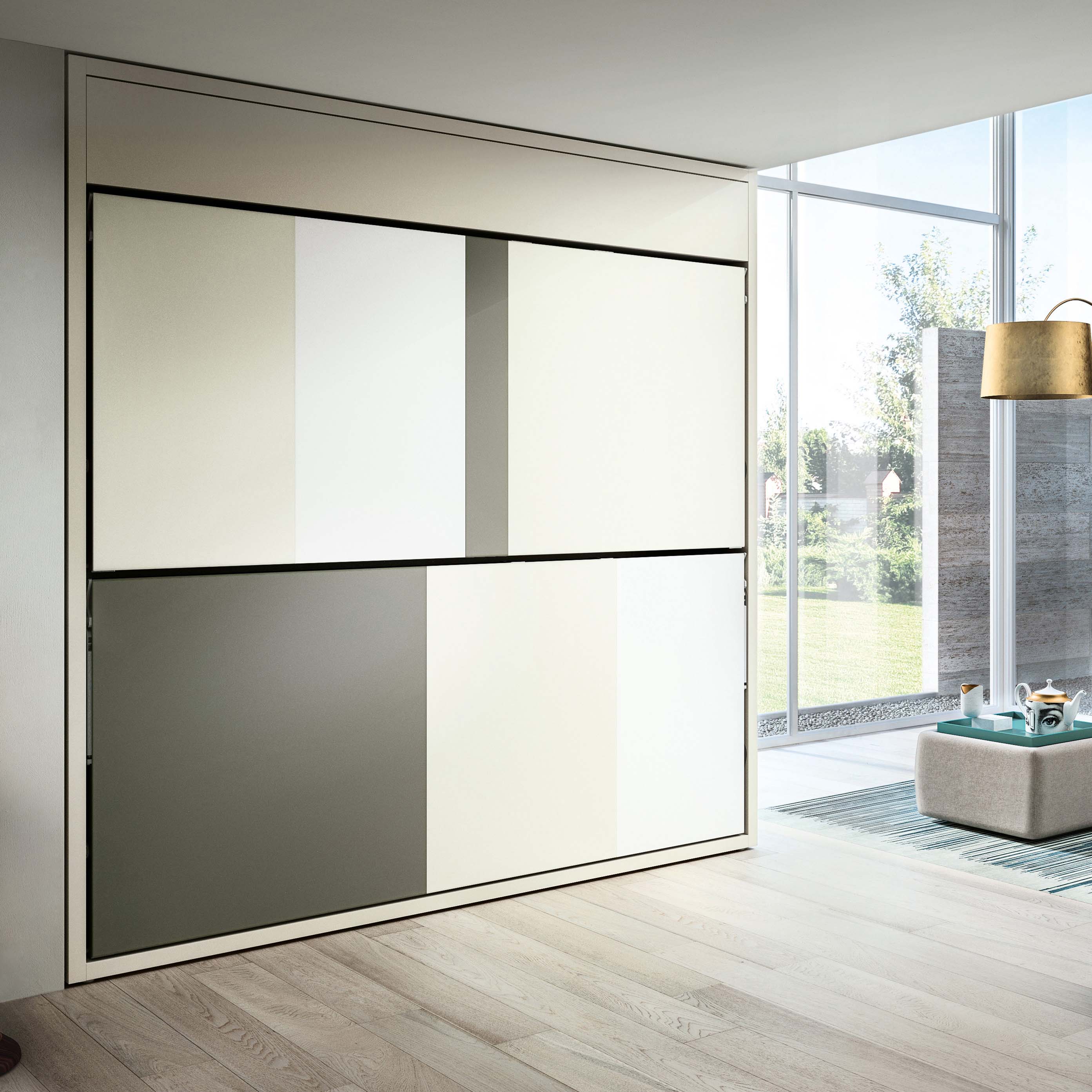 Kali Duo Murphy bunk beds in a closed position with a sleek, modern panel design, featuring two twin XL-sized wall beds for multifunctional and space-saving furniture solutions.