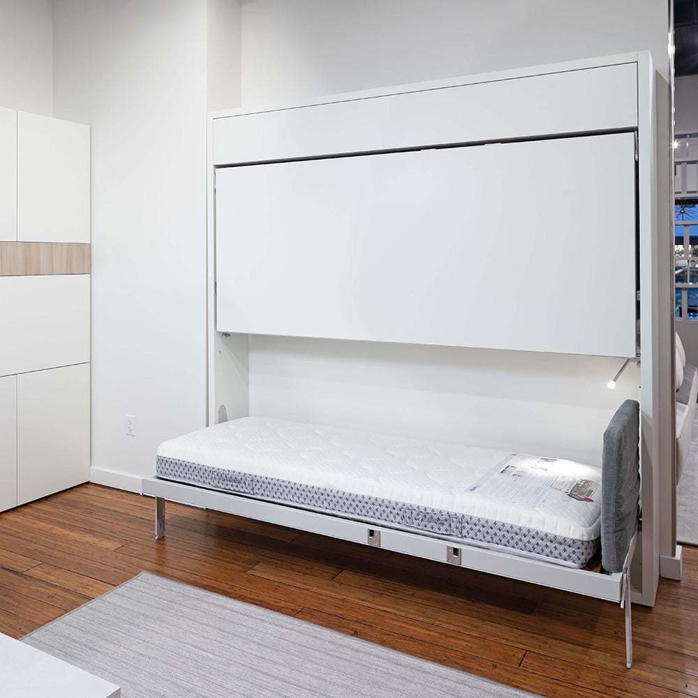 Kali Duo Two Twin XL-sized Murphy bunk beds fully extended with ladder, showcasing multifunctional furniture for small spaces