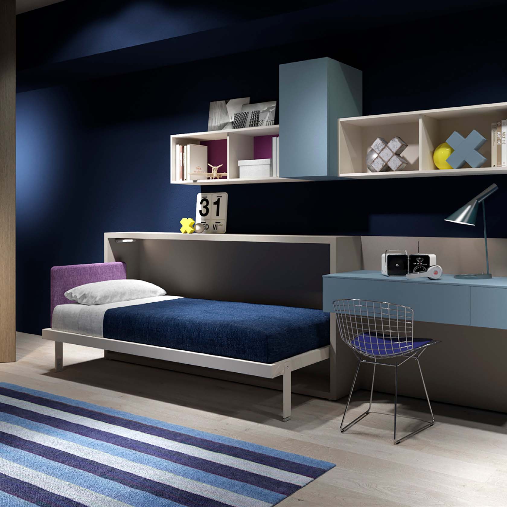 Open Kali horizontal twin Murphy bed with purple headboard and built-in desk in a navy blue and light wood modern room.