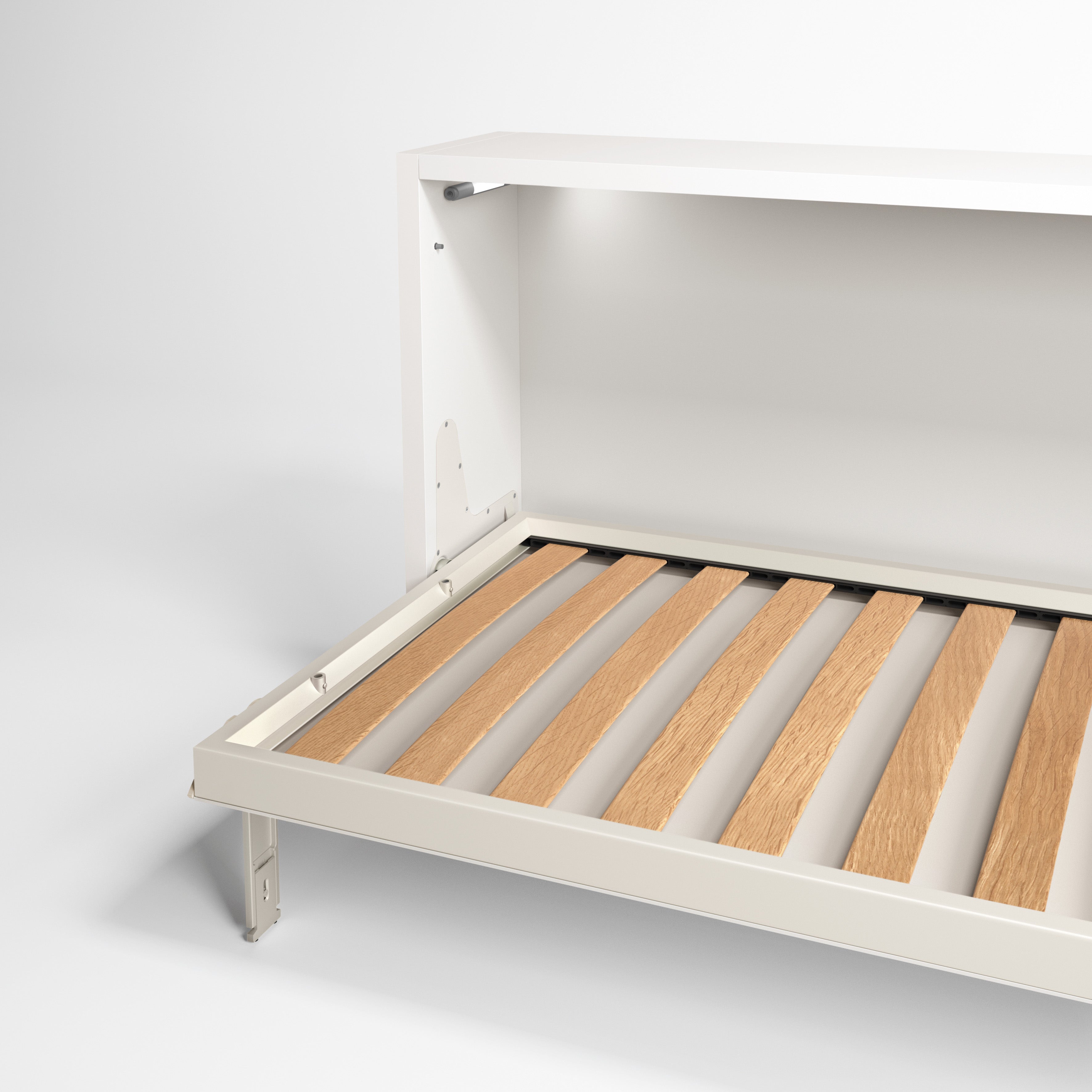 Detail view of the wood slat base inside the Kali horizontal Murphy bed frame.