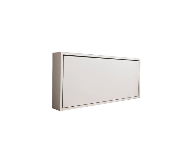 Closed Kali horizontal twin Murphy bed in white finish shown from a front angle, designed for compact living and space-saving functionality.
