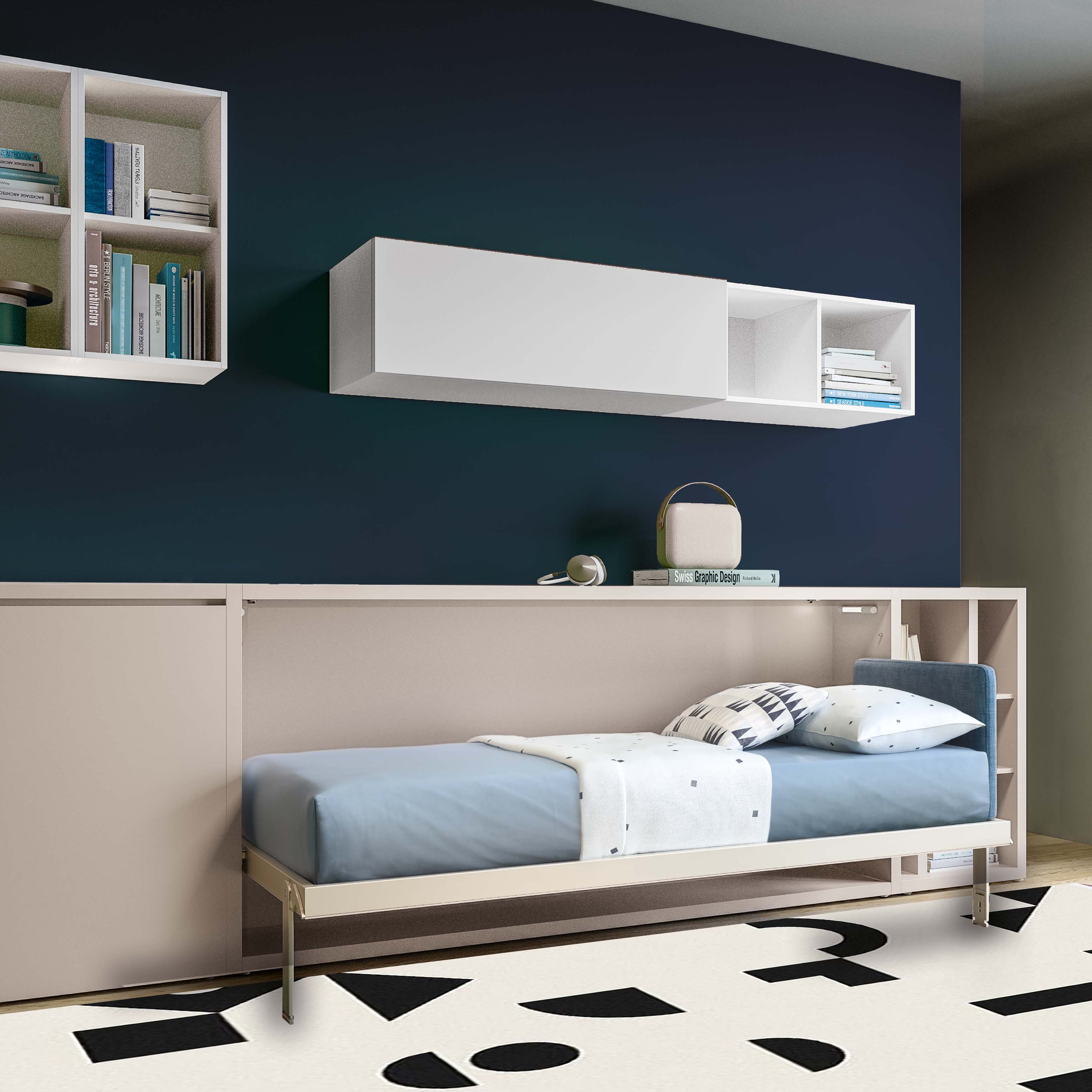 Open Kali horizontal twin Murphy bed with integrated shelving and a navy accent wall, featuring a modern blue and white bed setup.