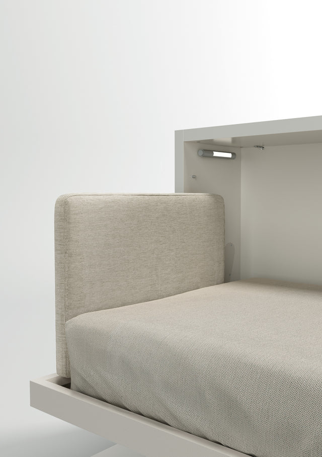 Close-up of the padded headboard on the Kali horizontal twin Murphy bed in a light neutral fabric.