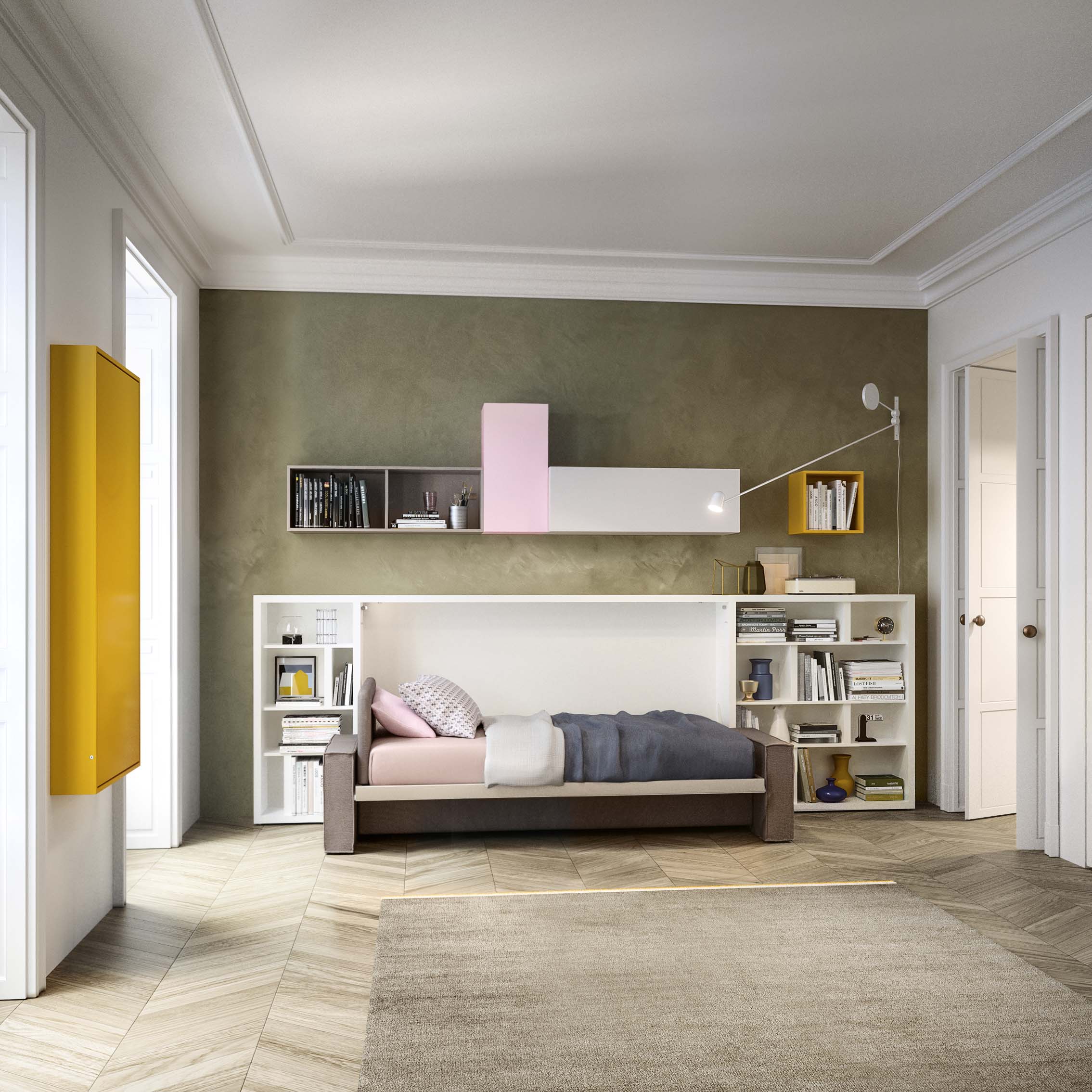 Kali Sofa twin Murphy bed shown in open position with bedding, illustrating space-saving transformation from sofa to bed.