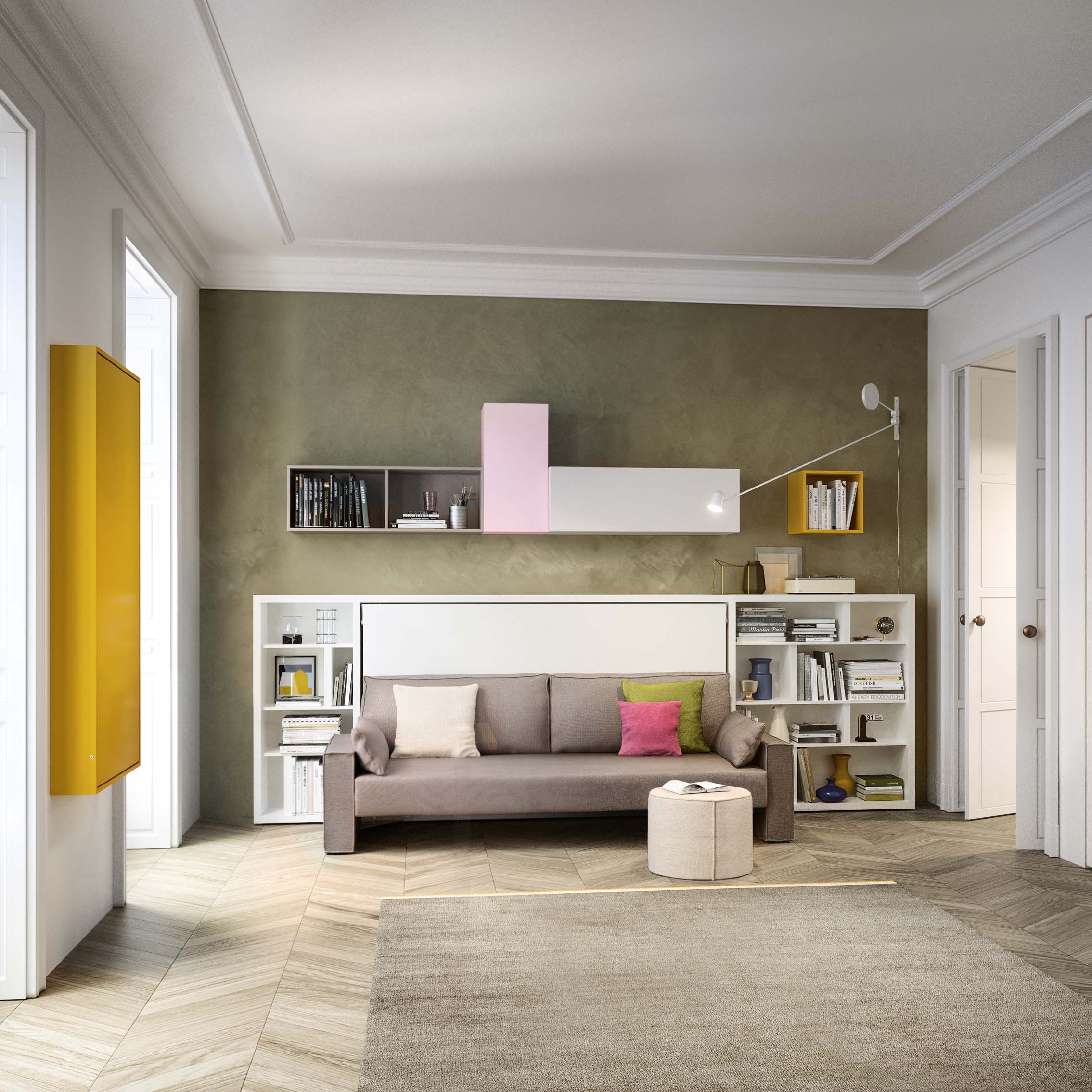 Modern living room featuring the Kali Sofa twin wall bed with integrated bookcase and a taupe upholstered couch, perfect for multifunctional spaces.