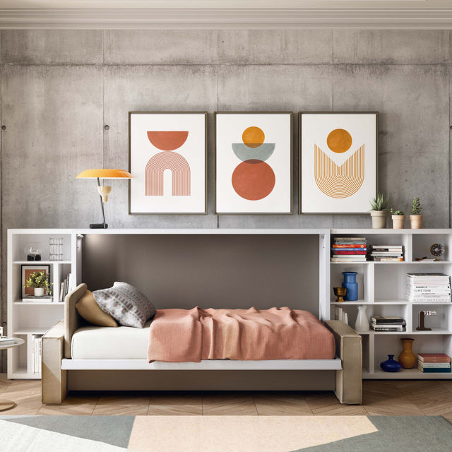 Kali Sofa wall bed in open position with twin mattress and side bookshelves, ideal for small space living and multifunctional furniture needs.