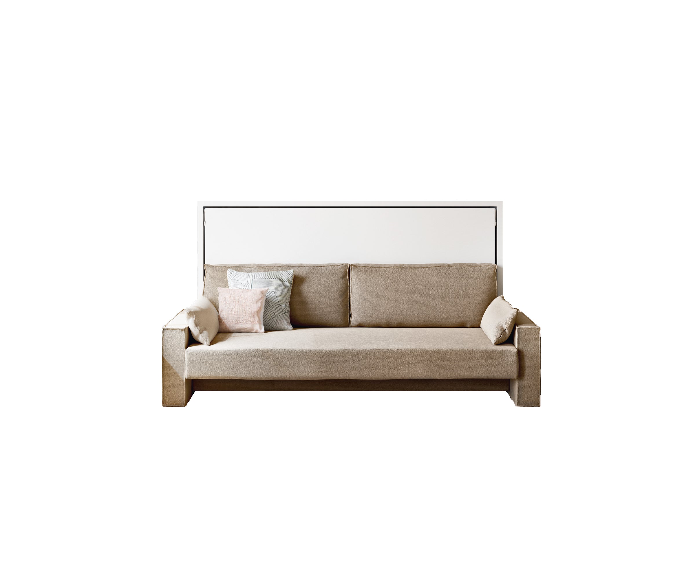Kali Sofa wall bed in twin size shown in closed position with neutral upholstered couch and three accent pillows on a white background.