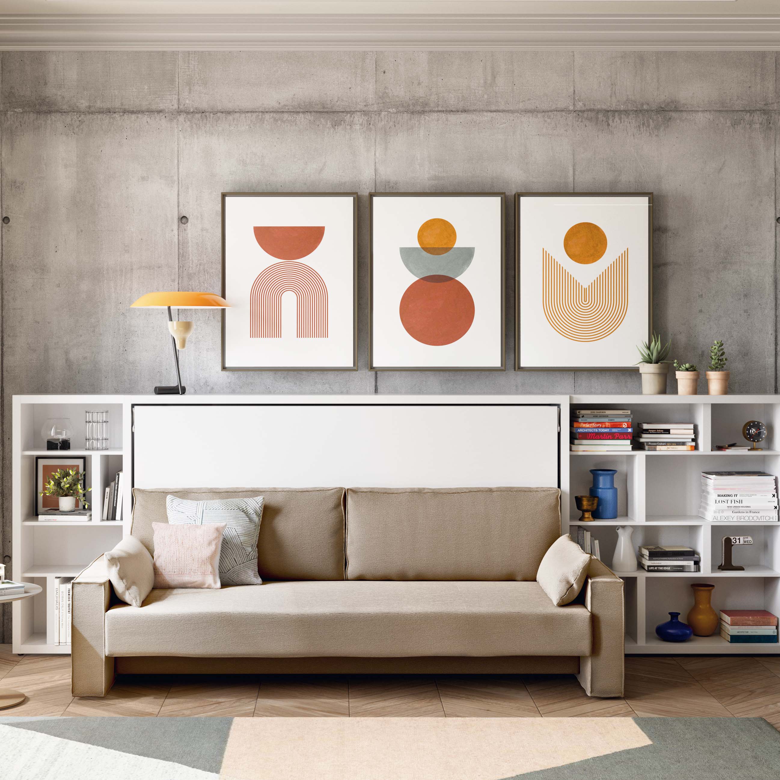 Kali Sofa twin wall bed with integrated beige sofa in a modern living space featuring geometric wall art and open bookshelves.