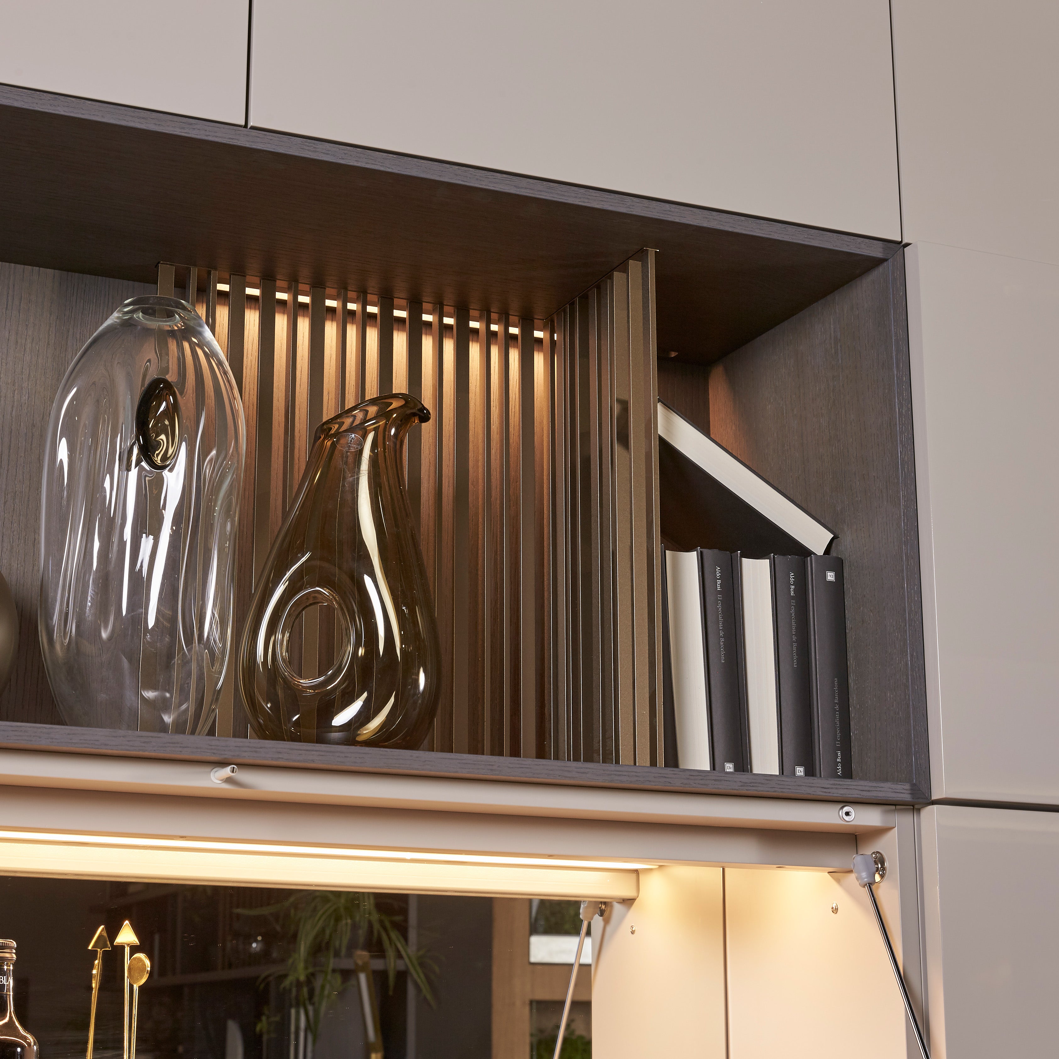 Modern illuminated custom cabinetry with vertical slatted wood detail, displaying decorative glass vases and neatly stacked monochrome books.
