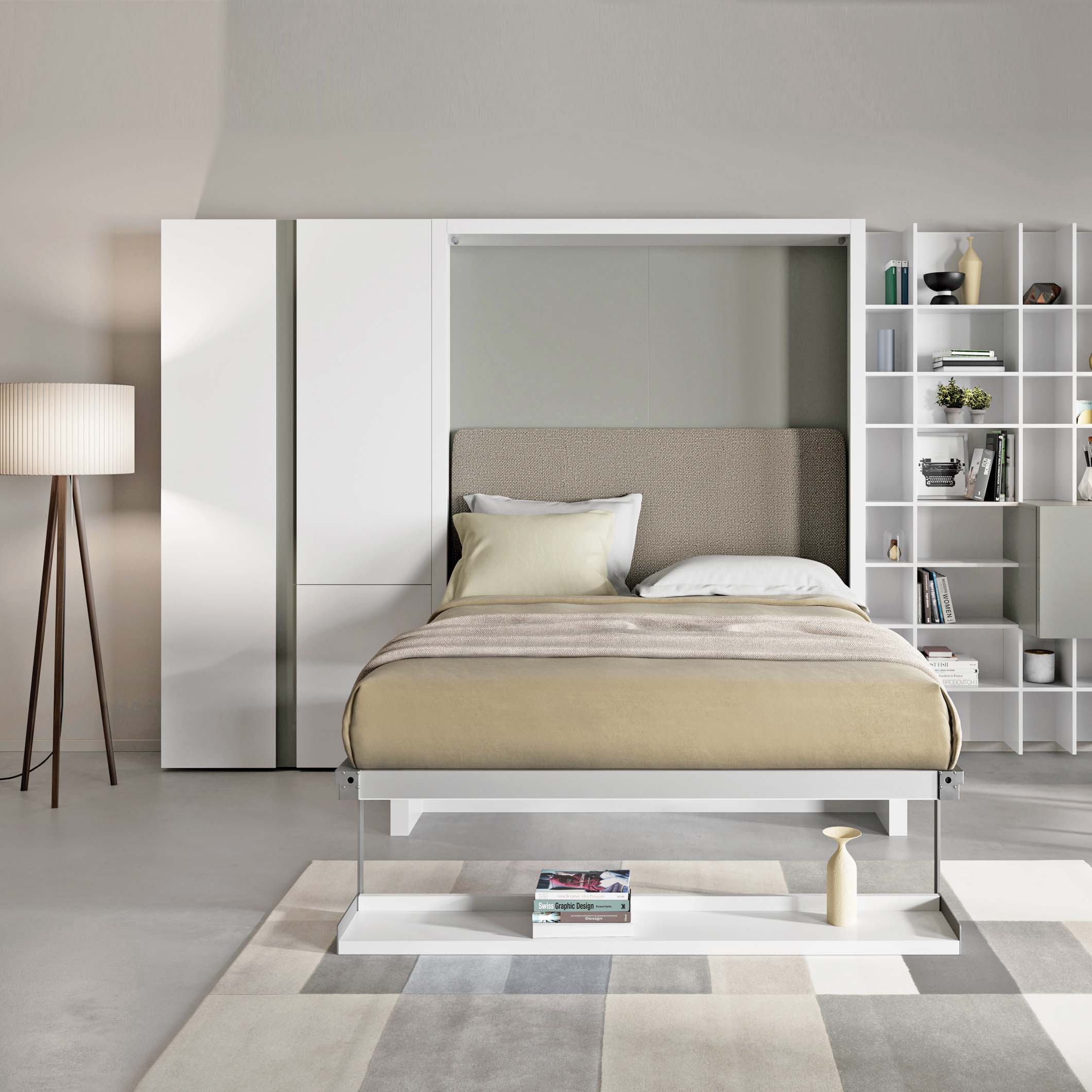 Nuovoliola queen murphy bed open with neutral bedding and built-in storage system.