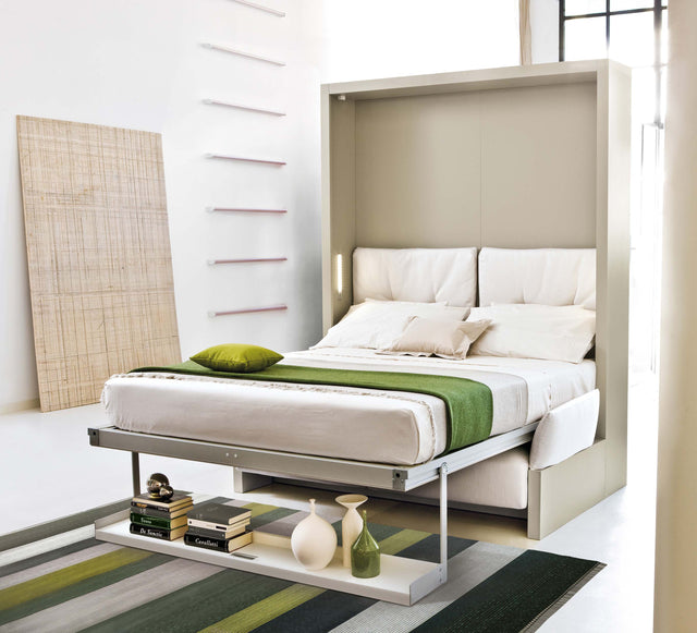 Nuovoliola queen wall bed fully extended into sleeping position with integrated shelf and modern cushioning; ideal space-saving furniture for small homes.
