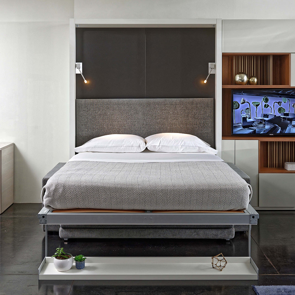 Oslo Sofa Murphy Bed open with queen-sized bed extended over gray sofa, showcasing space saving furniture in use