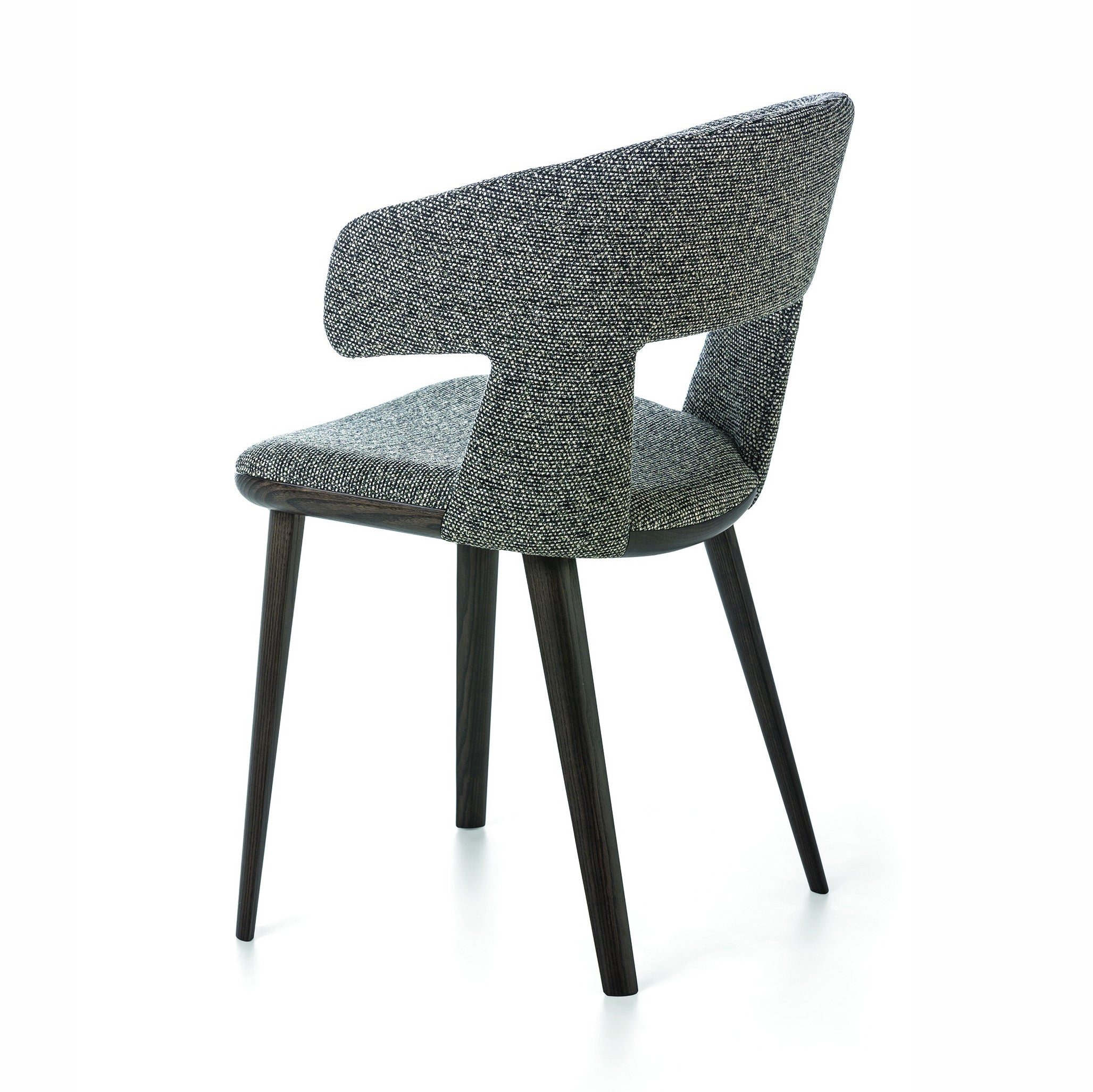 Path dining armchair in dark textured fabric with open back and wraparound form, shown from rear three-quarter angle.