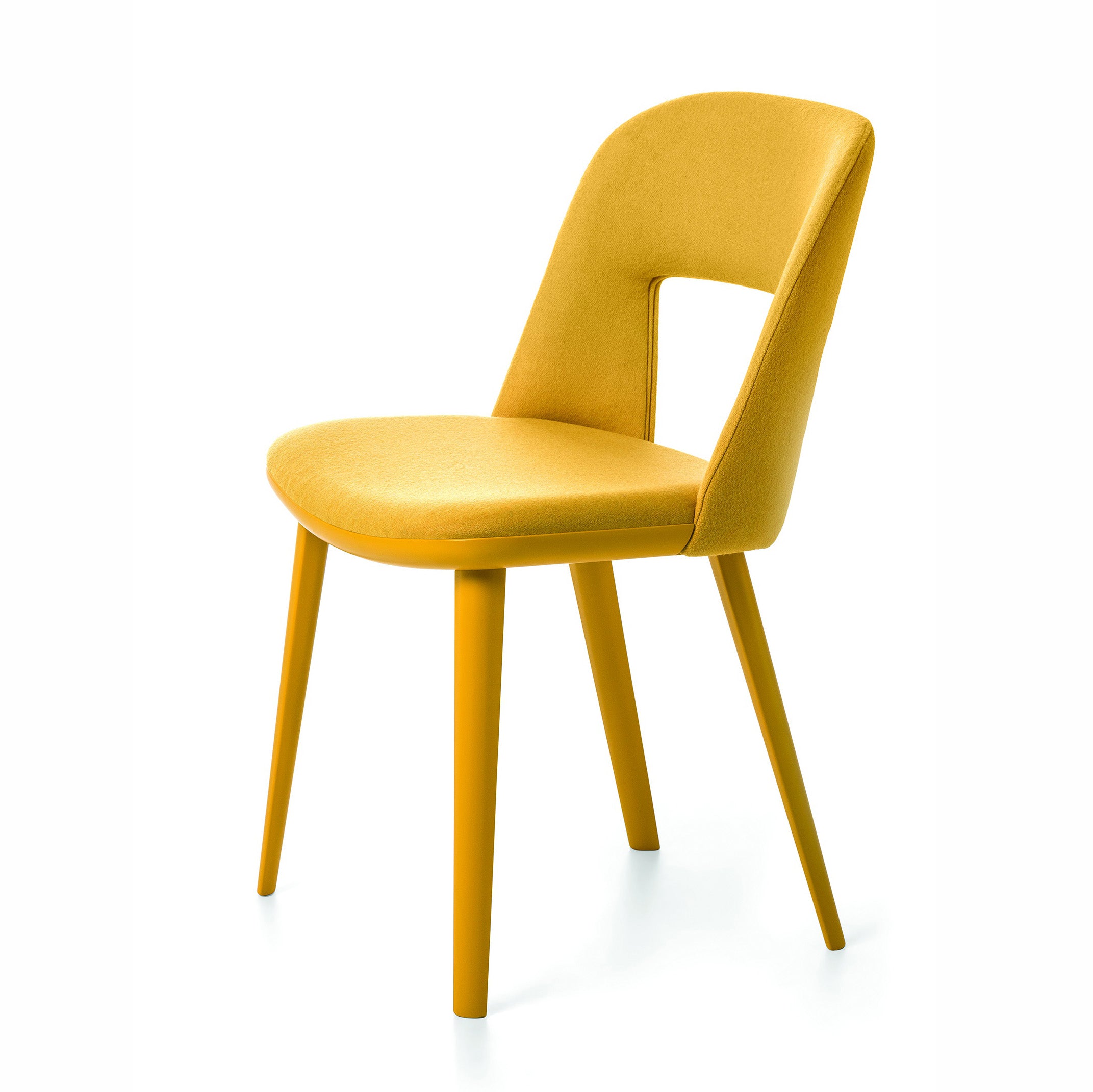 Path dining chair in mustard yellow upholstery with open back and color-matched legs, shown from front angle.