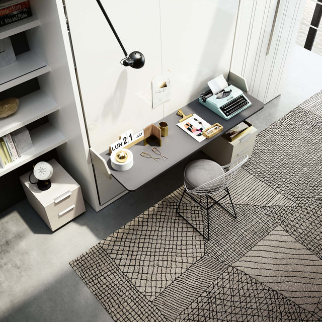 Wide view of the desk workspace of the Penelope Desk Murphy Bed with minimalist design and integrated storage, ideal for small spaces