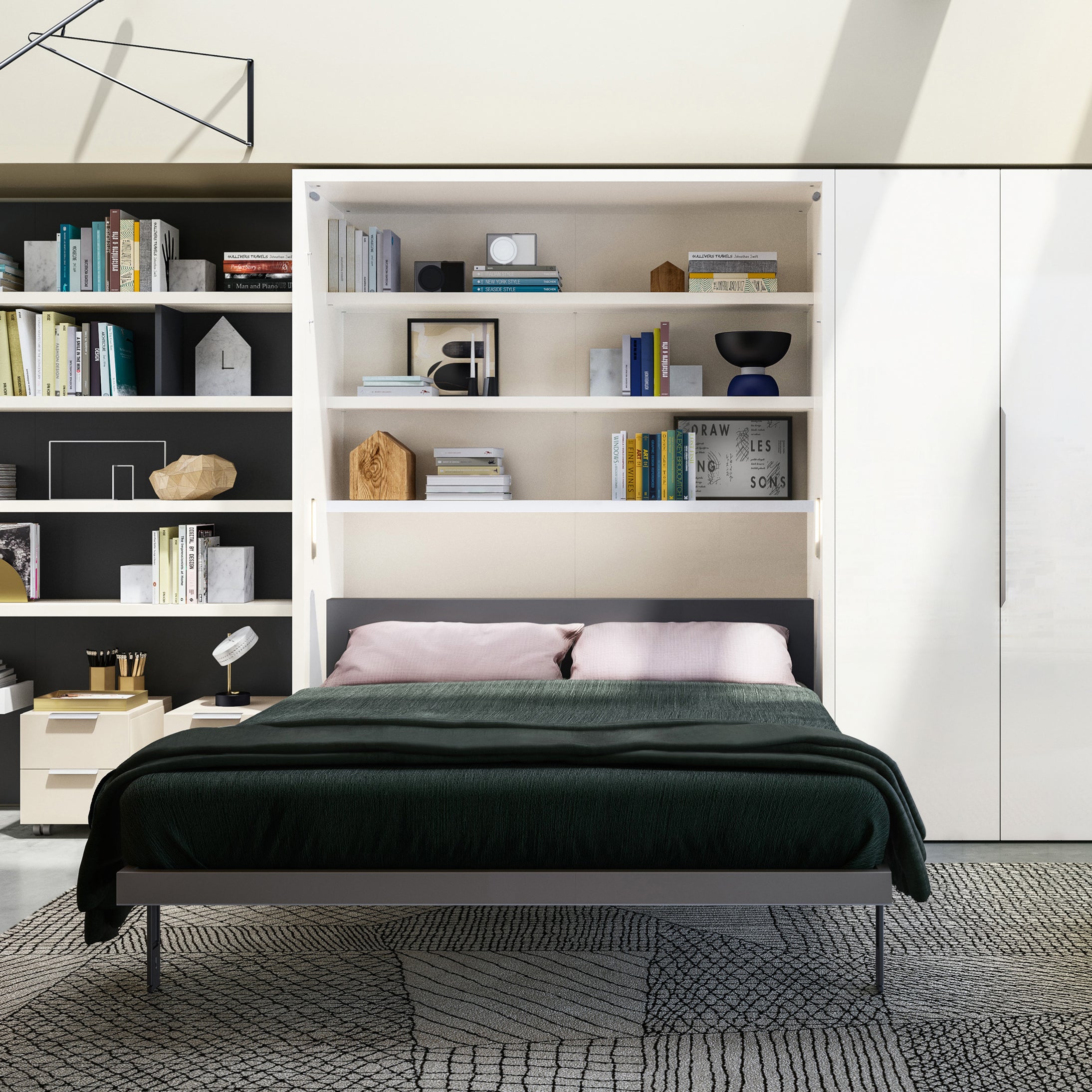 Penelope Desk Queen wall bed with desk opened into bed position, revealing built-in shelves and multifunctional furniture for small spaces.