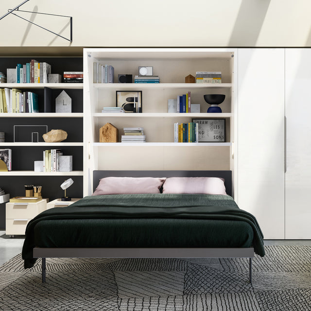 Penelope Desk Queen wall bed with desk opened into bed position, revealing built-in shelves and multifunctional furniture for small spaces.
