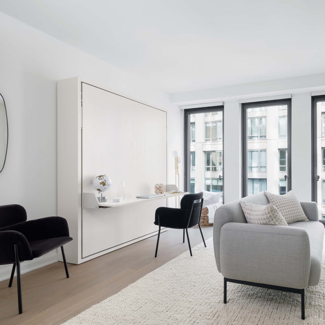 Penelope Desk Murphy bed with desk shown in closed position with workspace setup – space saving furniture for small apartments