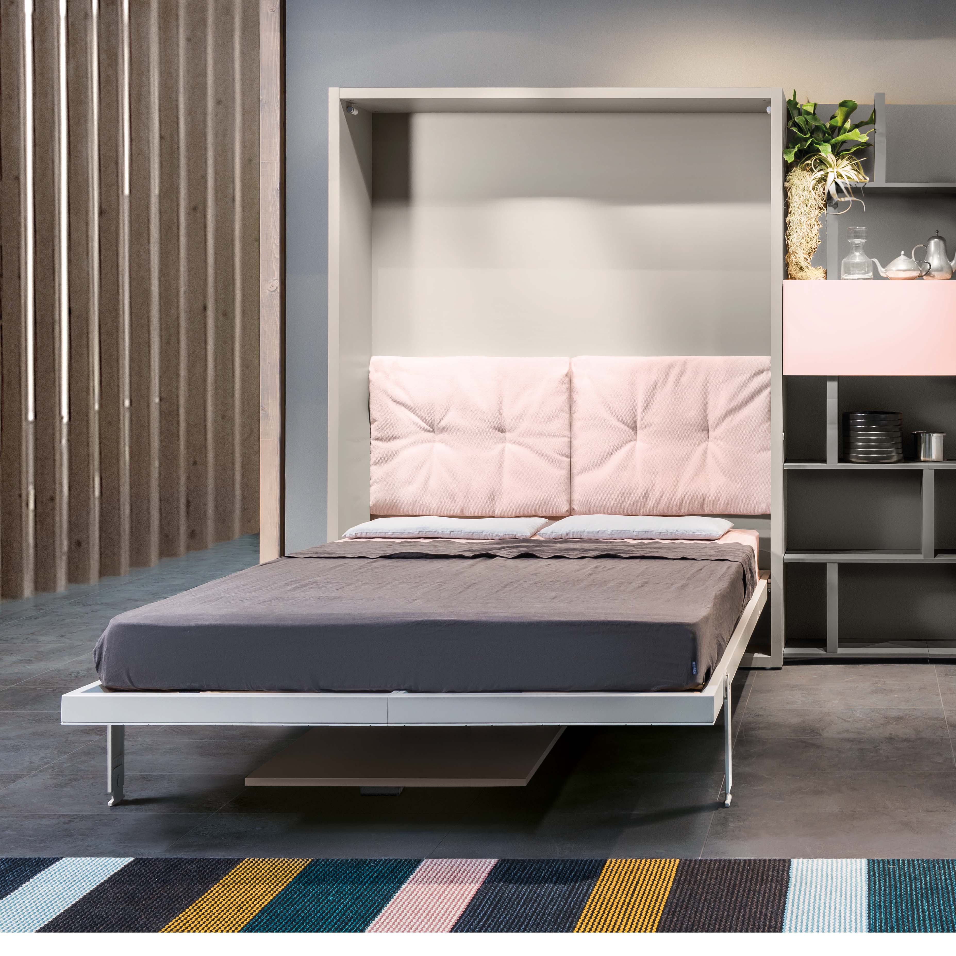 Queen Murphy bed with dining table open – Penelope Dining wall bed shown in a modern, space saving furniture setup.