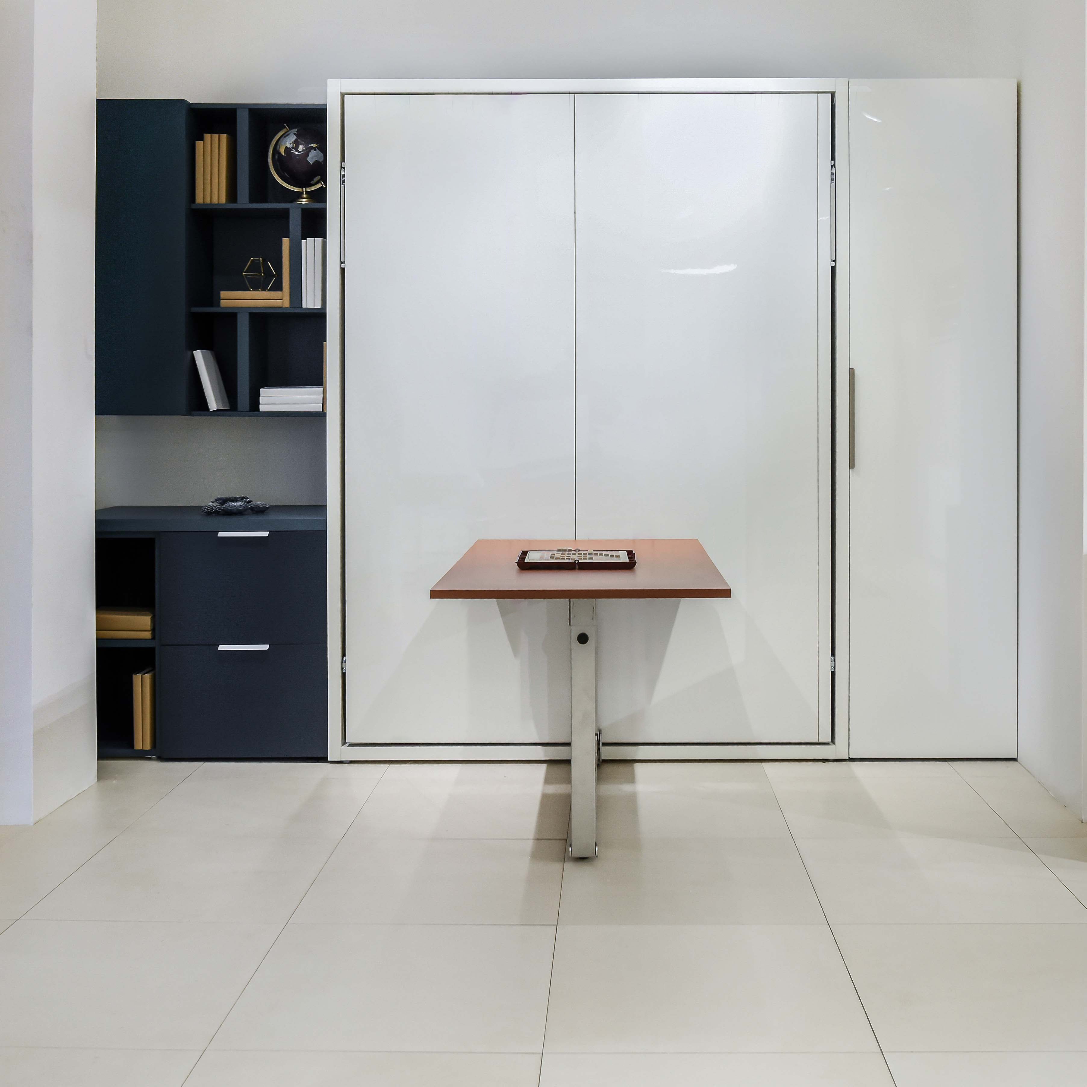 Queen Murphy bed with integrated dining table in closed position – Penelope Dining space saving furniture