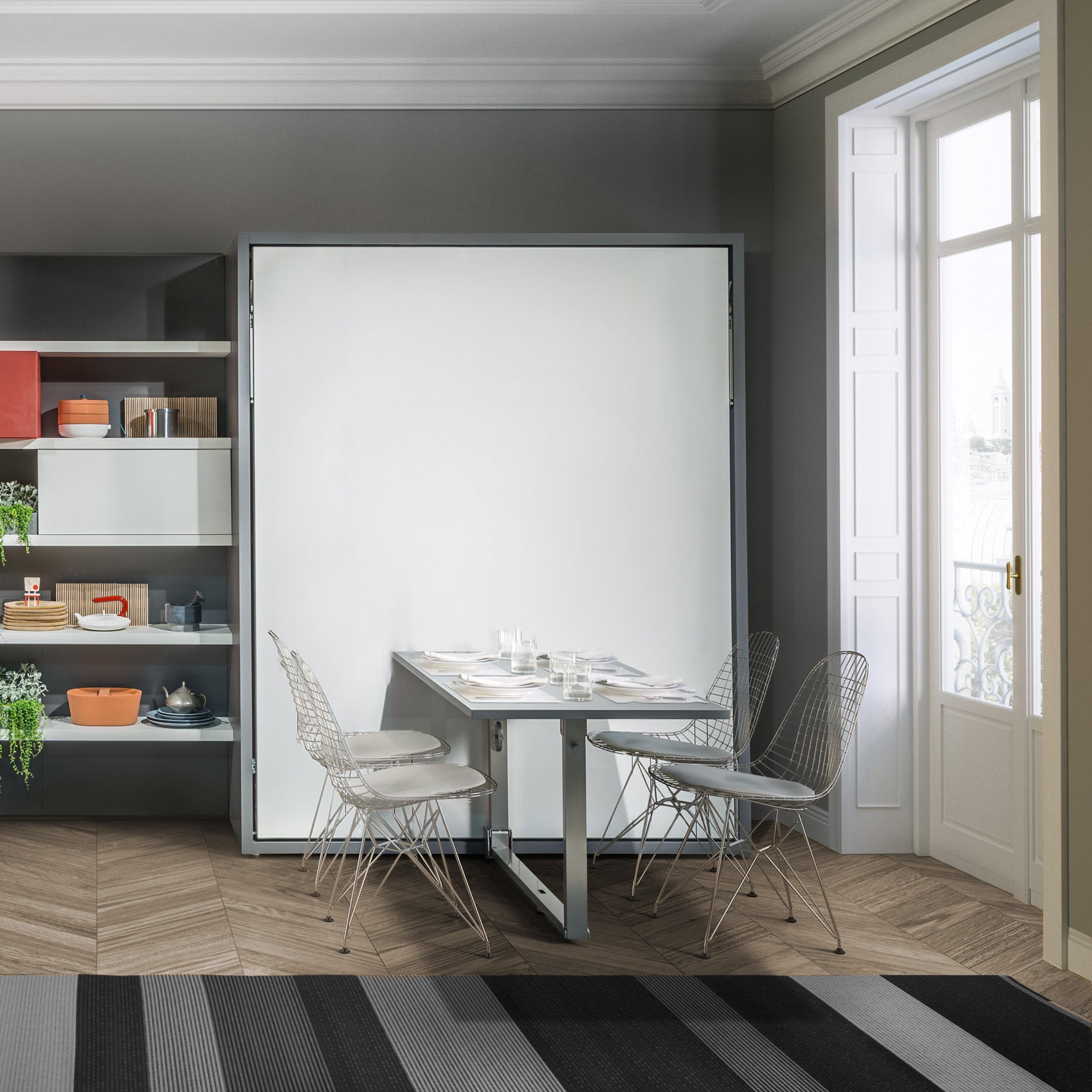 Penelope Dining queen Murphy bed with dining table and chairs in a compact dining area, showcasing multifunctional space saving furniture.