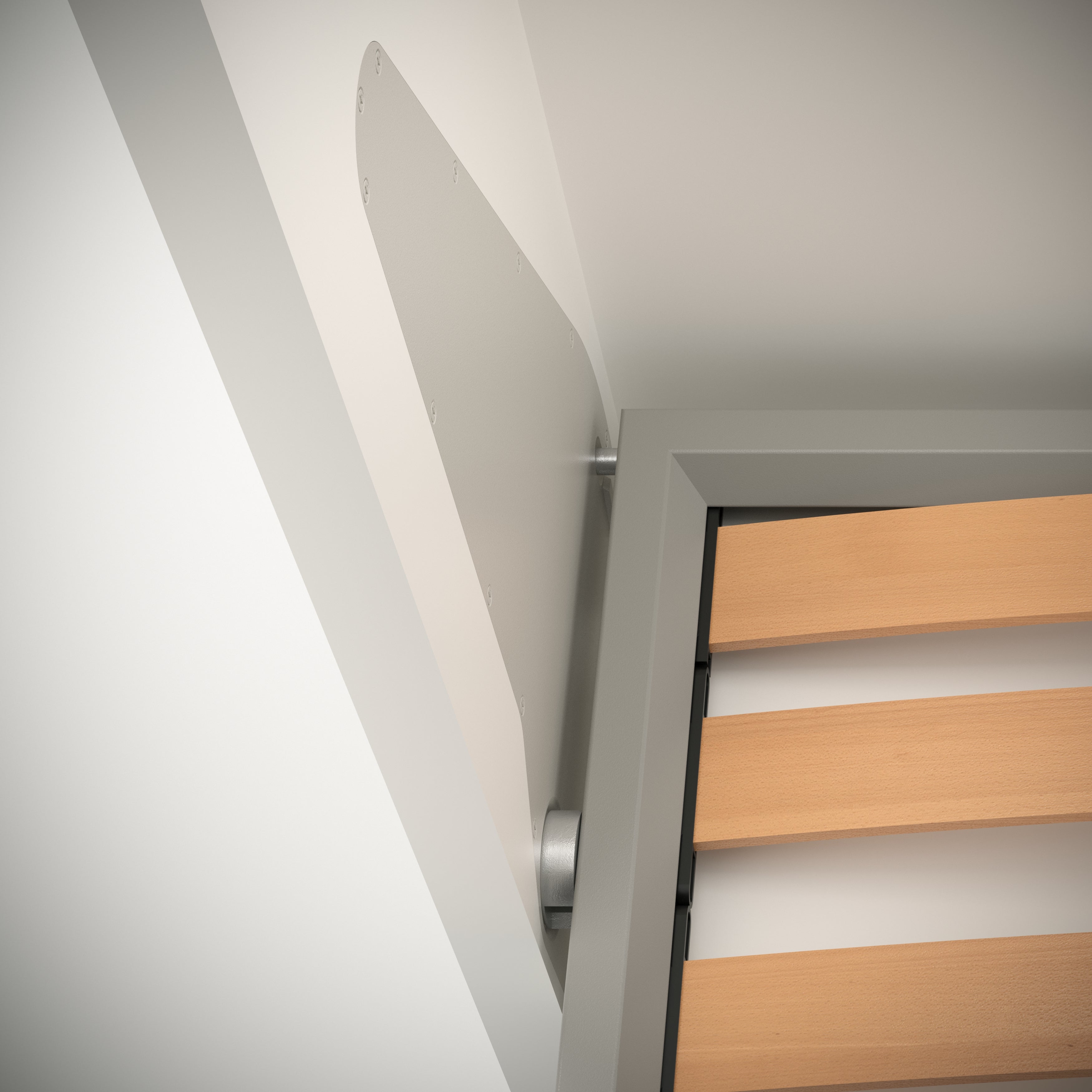 Detail of the hinge and frame corner on the Penelope queen Murphy bed showing precision construction and durable materials.