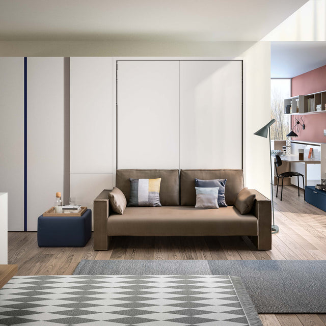 Penelope Sofa closed wall bed with sleek brown 2-seat sofa in a modern small space interior – multifunctional furniture by Resource Furniture.