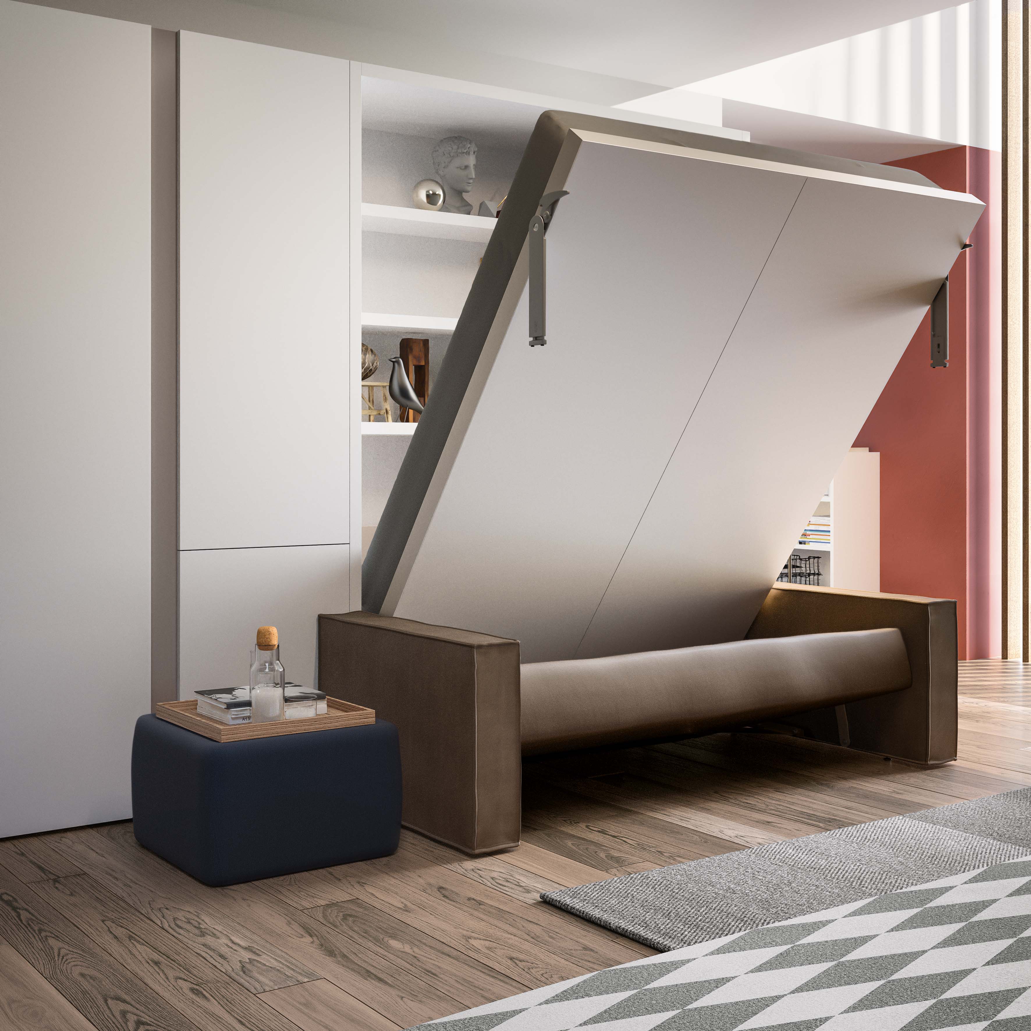 Penelope Sofa Murphy bed folding down from wall over integrated two-seat couch, space-saving furniture in compact apartment