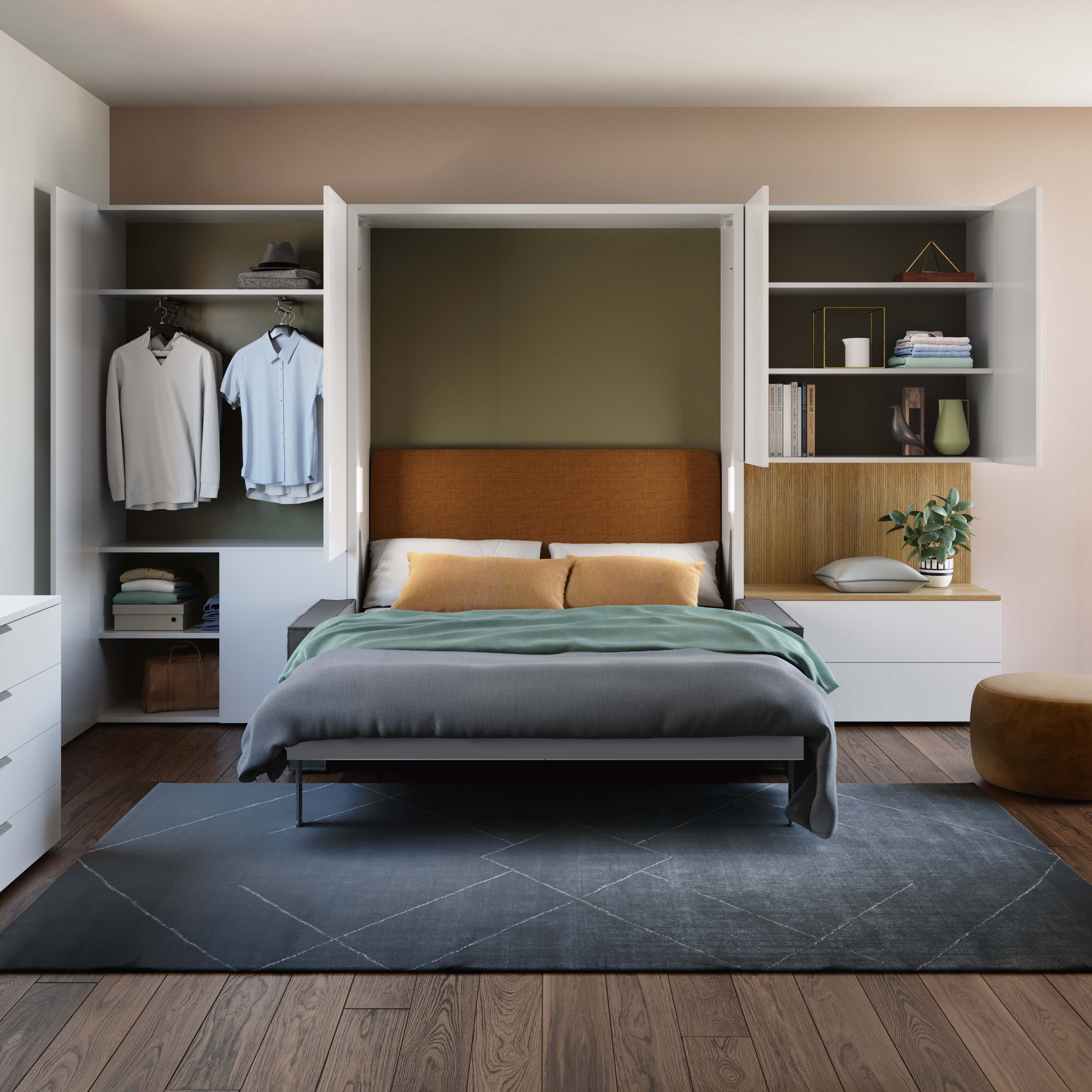 Queen wall bed with integrated 2-seat sofa and open wardrobe storage – Penelope Sofa by Resource Furniture, ideal space saving furniture.