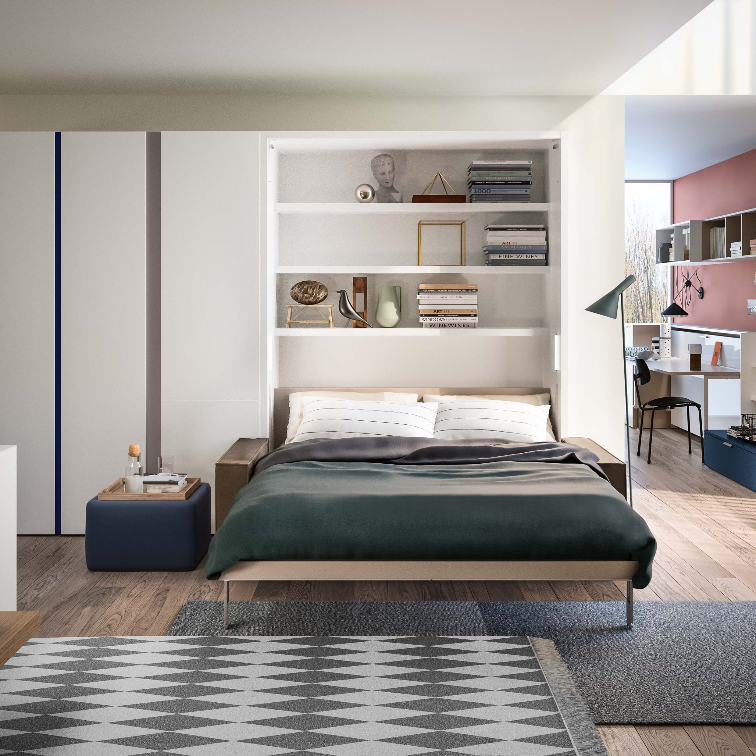 Queen Murphy bed with built-in bookshelf and integrated sofa, shown fully open in a modern small space bedroom