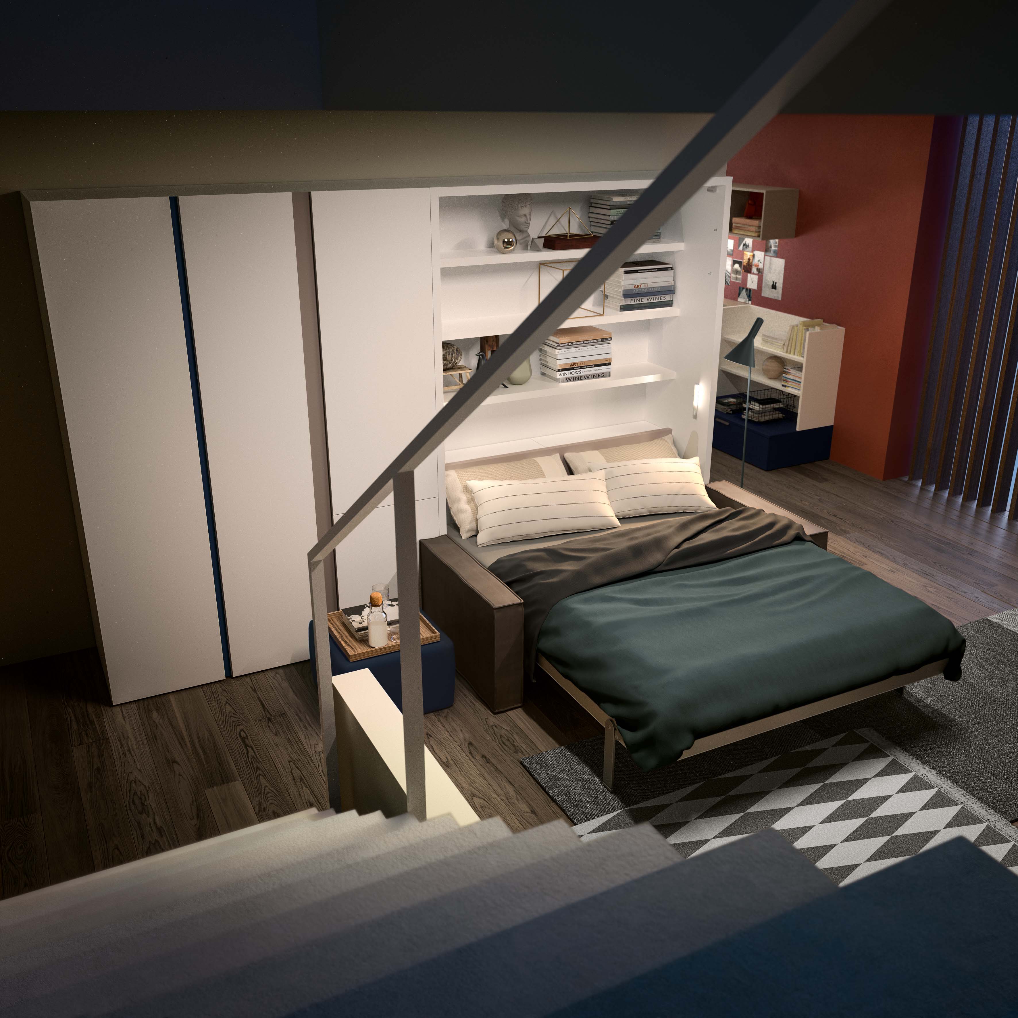 Overhead view of Penelope Sofa Queen Murphy bed with open shelving and brown sofa, shown from staircase in loft-style space-saving apartment