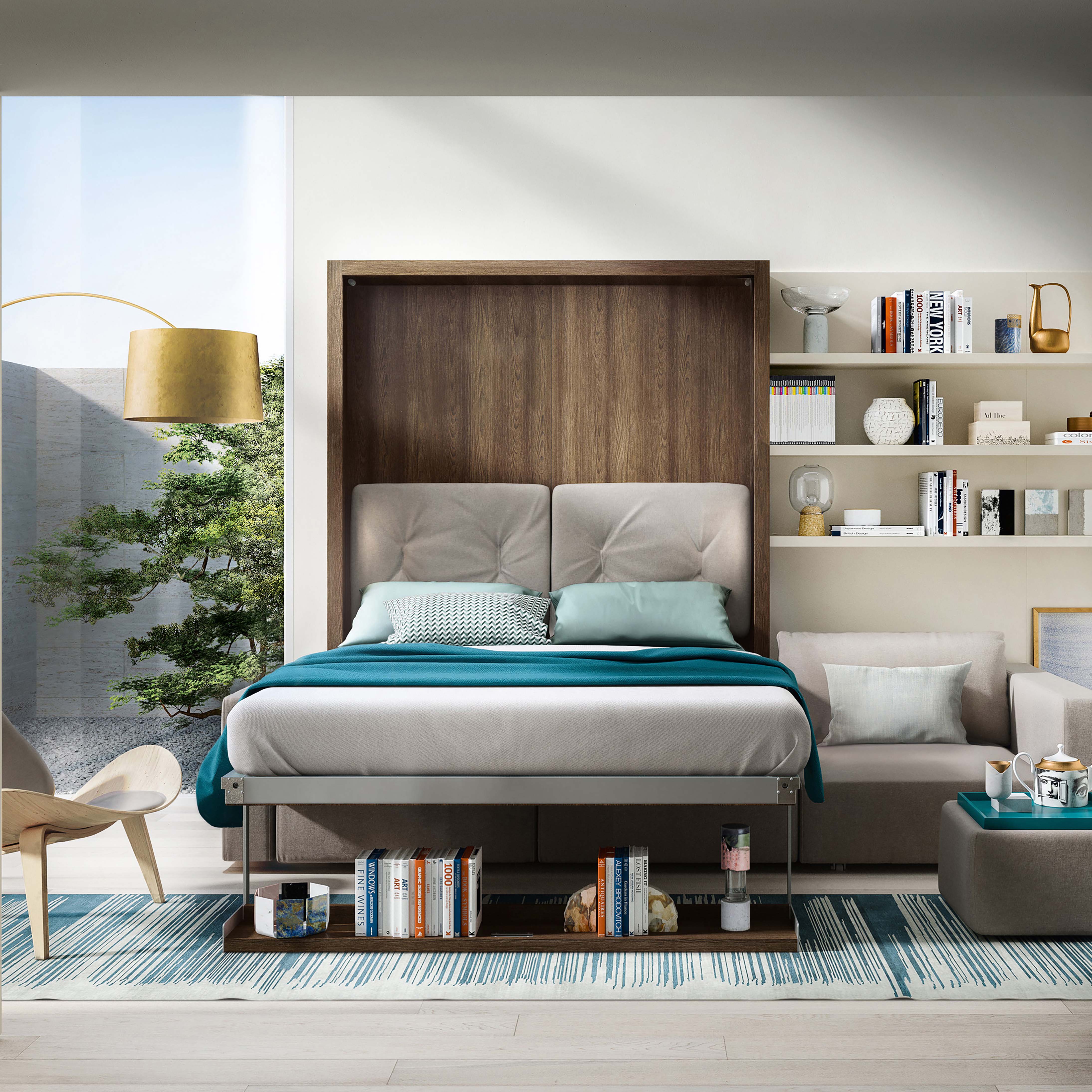 Open Swing Chaise murphy bed showing queen-sized bed extended over built-in sofa.