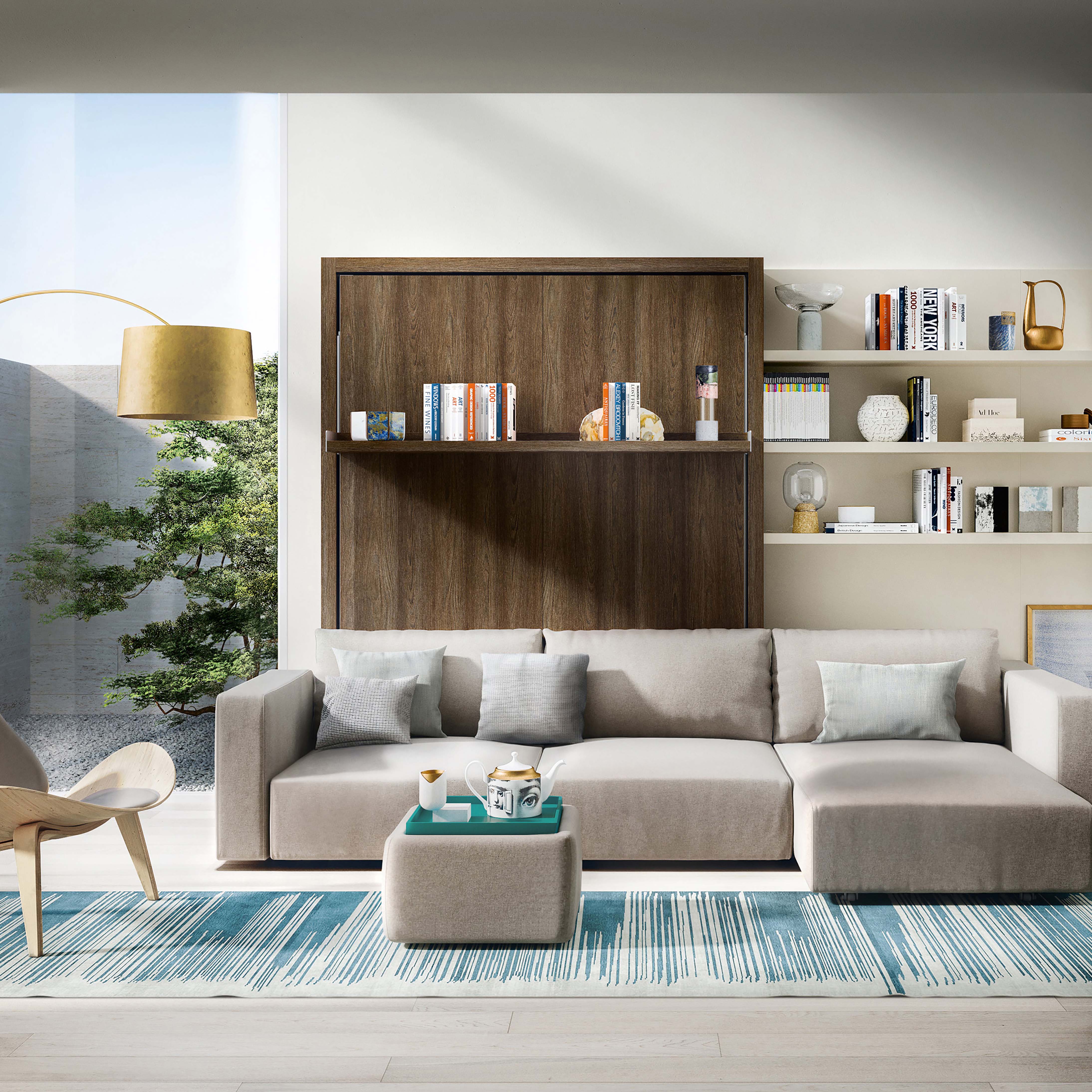 Swing Chaise wall bed with sofa and bookshelf in a modern living room.