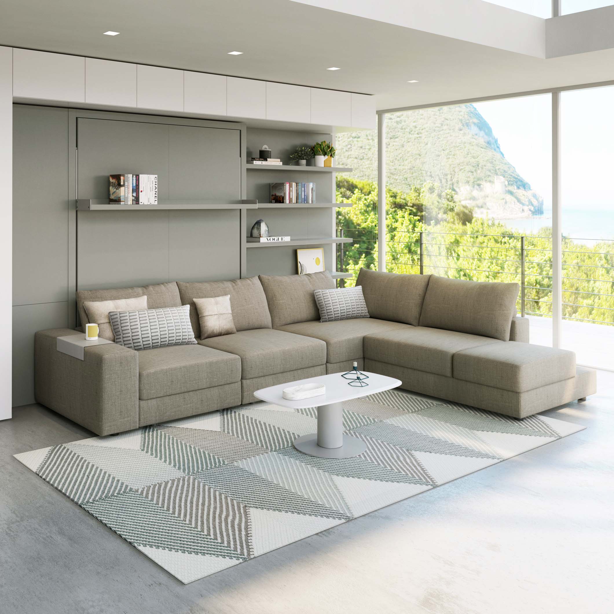Tango Sectional Murphy bed in closed position with spacious modern sofa and built-in shelving, overlooking scenic view.