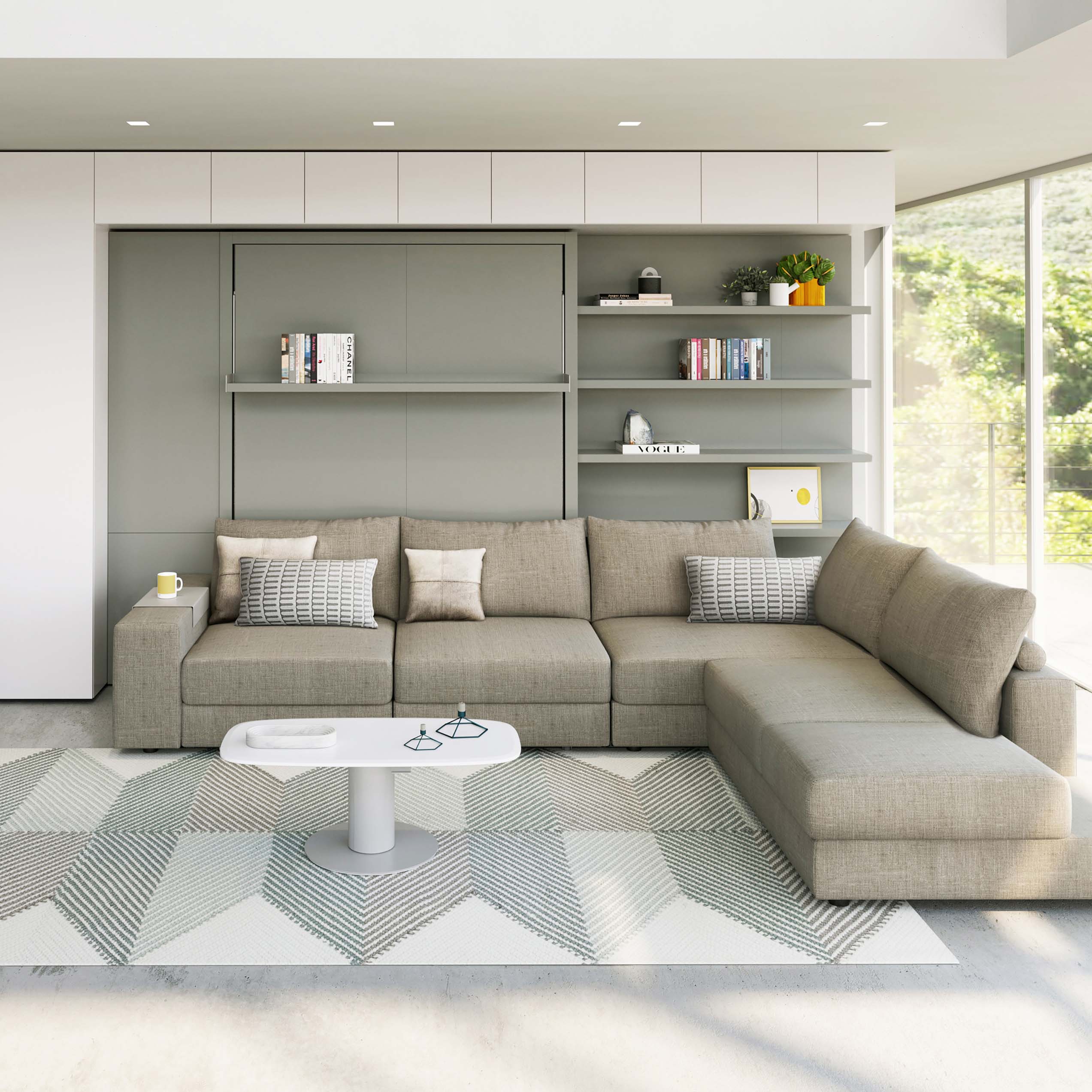 Tango Sectional Murphy bed in closed position with full sofa setup and built-in wall shelving in contemporary room.