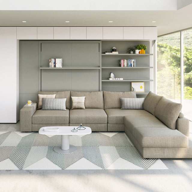 Tango Sectional Murphy bed in closed position with full sofa setup and built-in wall shelving in contemporary room.