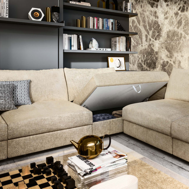 Alternate view of Tango Sectional in sofa position, with contemporary décor and integrated shelving system.