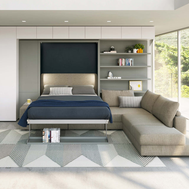 Tango Sectional wall bed in open position with queen-size bed extended, modular sofa, and modern shelving.