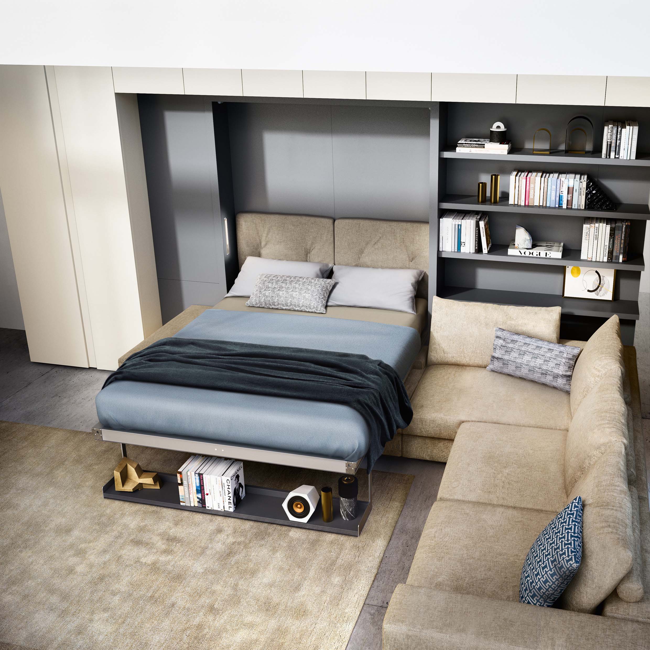 Tango Sectional Murphy bed shown fully extended with integrated shelving and contemporary beige sofa.