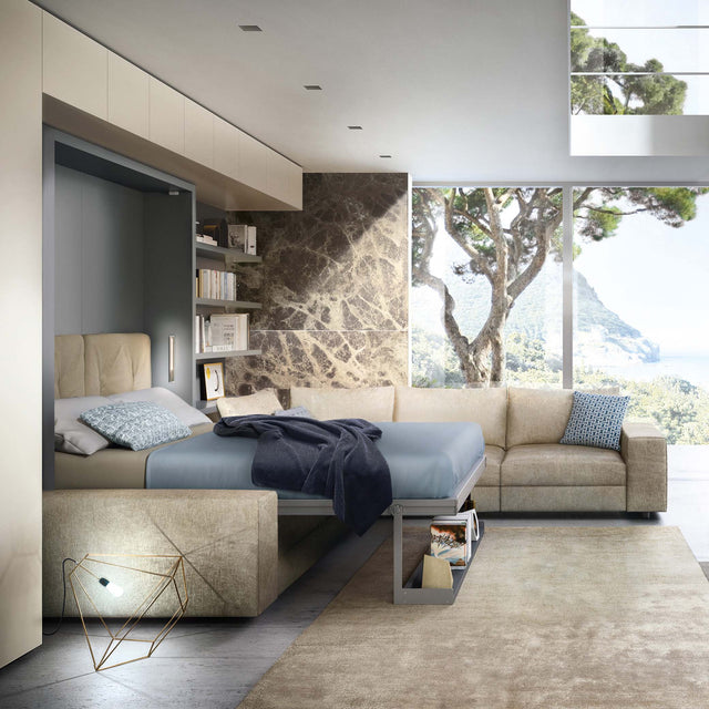 Tango Sectional wall bed open with queen mattress, built-in storage, and panoramic coastal view.