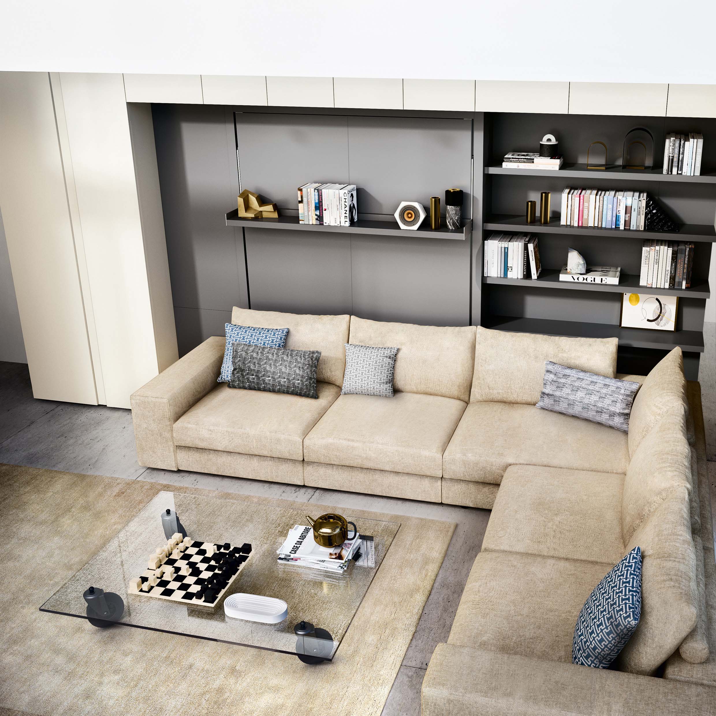Tango Sectional Murphy bed in closed position, beige modular sofa with built-in shelving and modern coffee table.