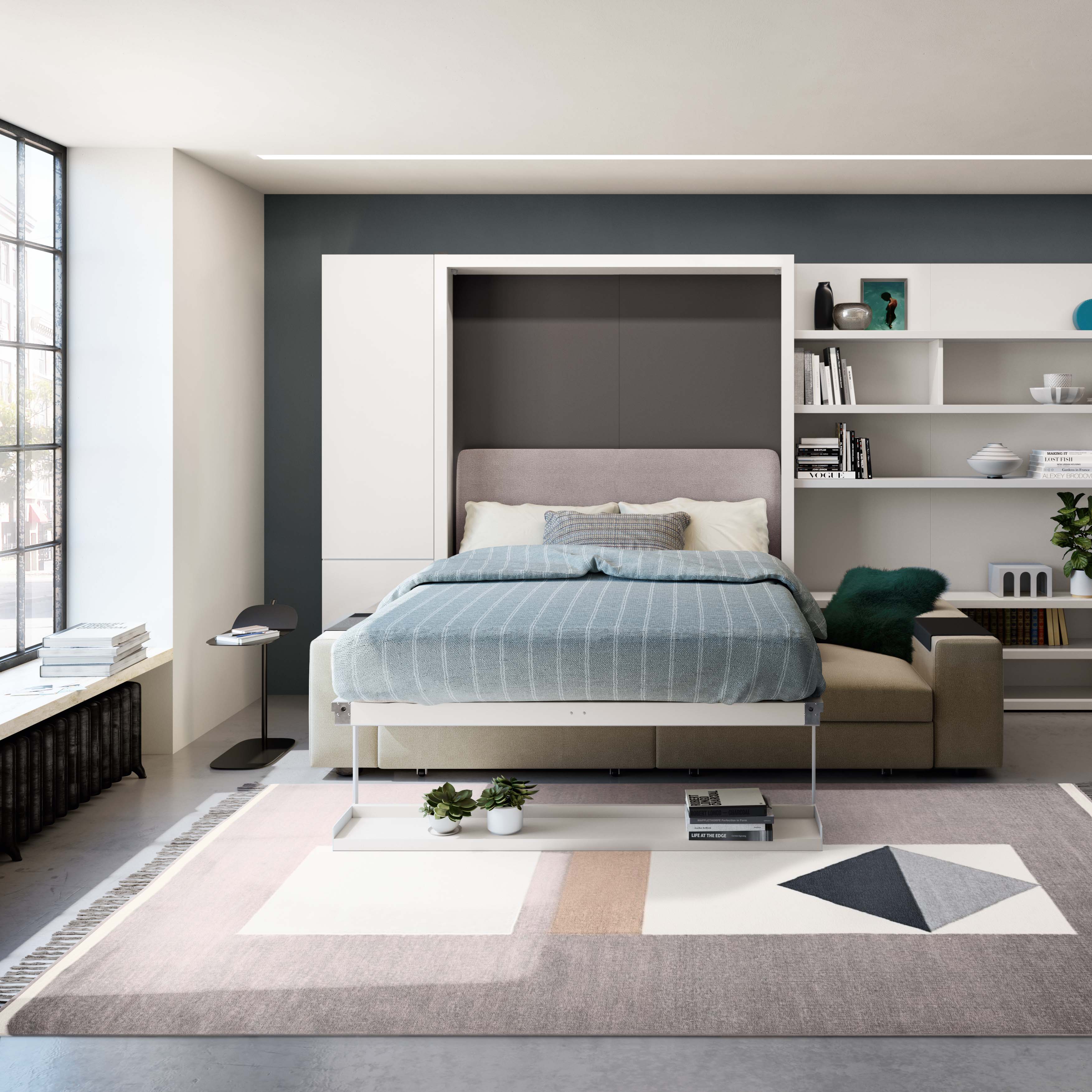 Tango Sofa wall bed system fully extended in a modern living space, illustrating a multifunctional furniture solution ideal for luxury small-space living.