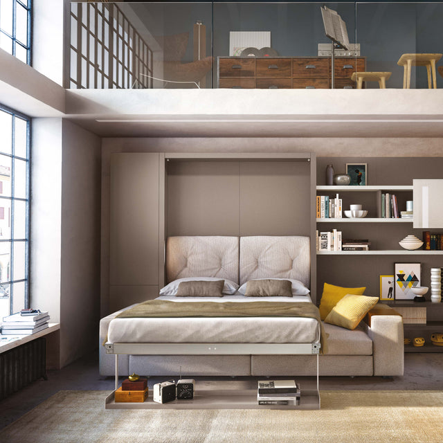 Luxury wall bed with integrated sofa in the open position, highlighting a modern multifunctional bedroom solution for compact living spaces and upscale interiors.